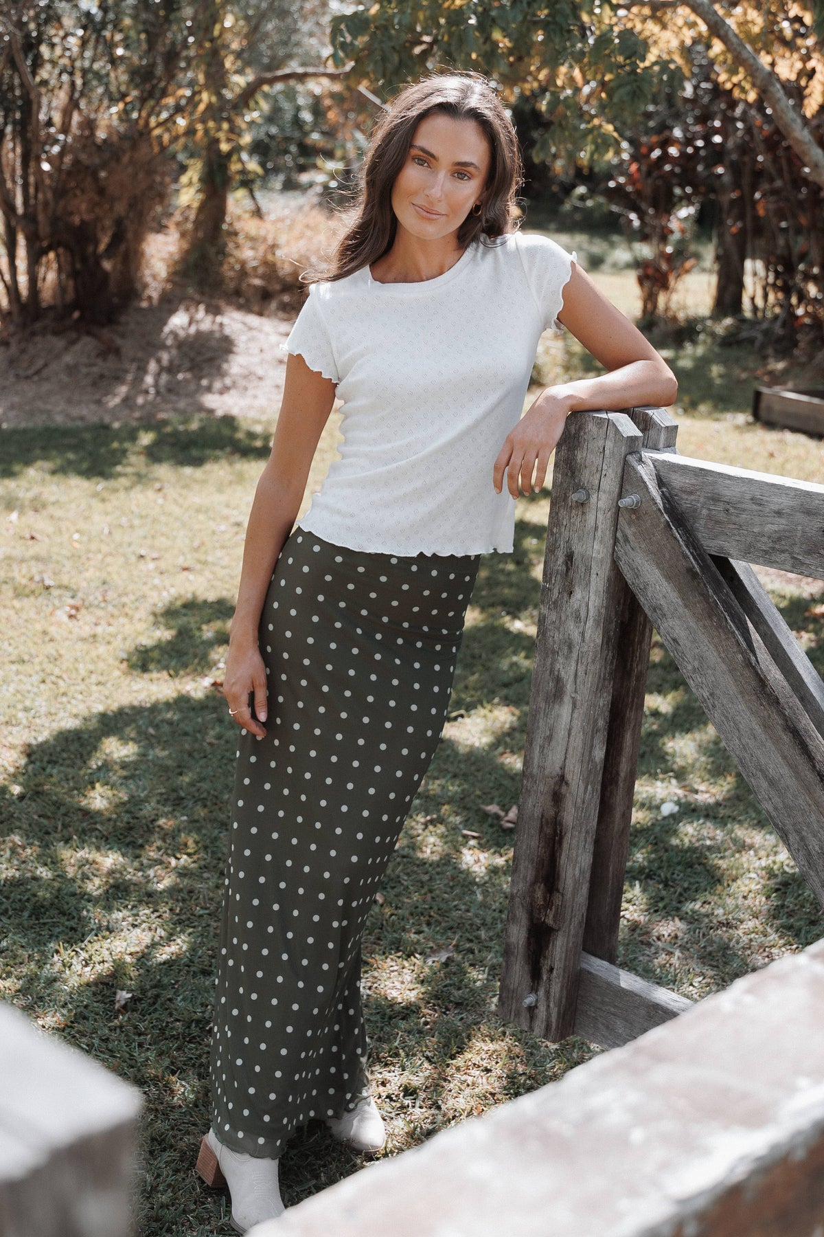 BOTTOMS Bloise Maxi Skirt - Olive Green Polka Dot