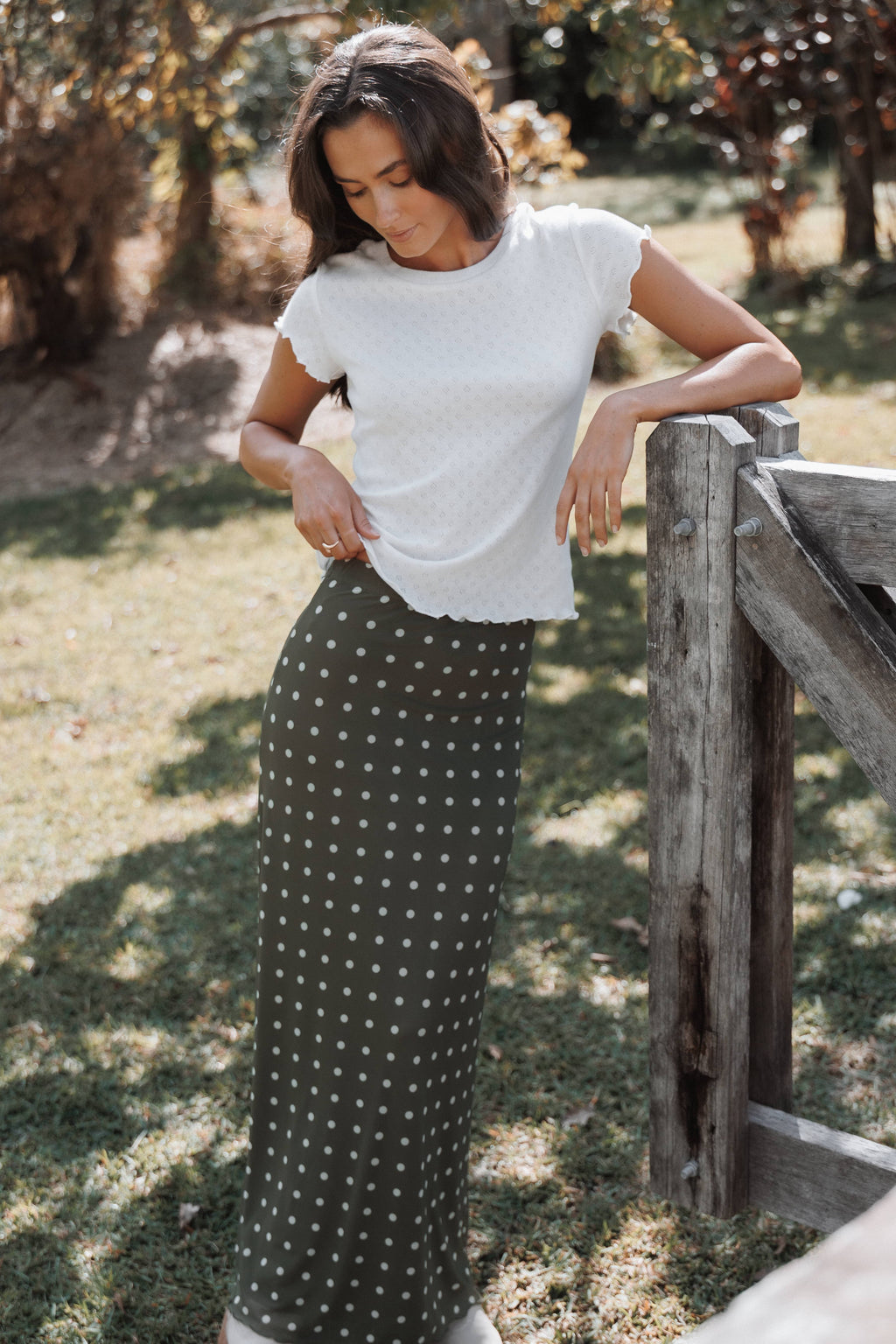BOTTOMS Bloise Maxi Skirt - Olive Green Polka Dot
