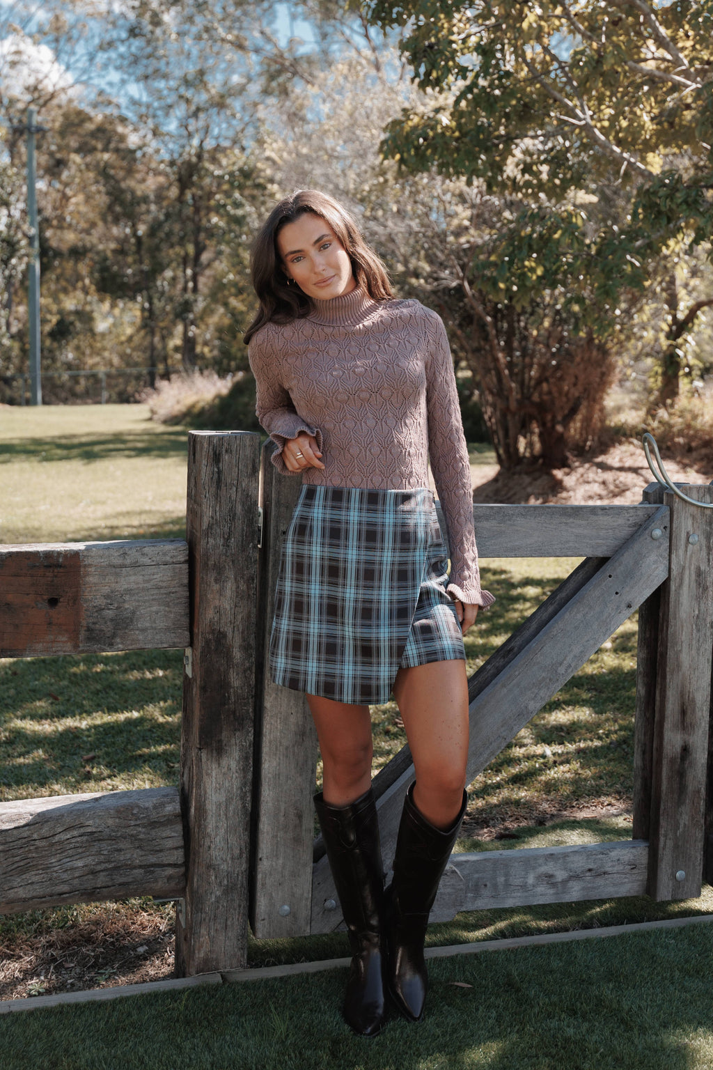 BOTTOMS Kelly Faux Wrap Mini Skirt - Choc/Blue Plaid