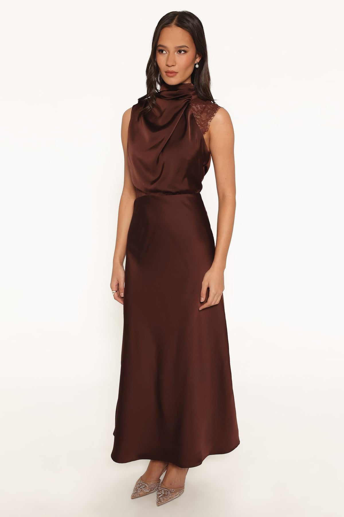DRESSES Anabelle Halter Neck Lace Maxi Dress - Chocolate Brown