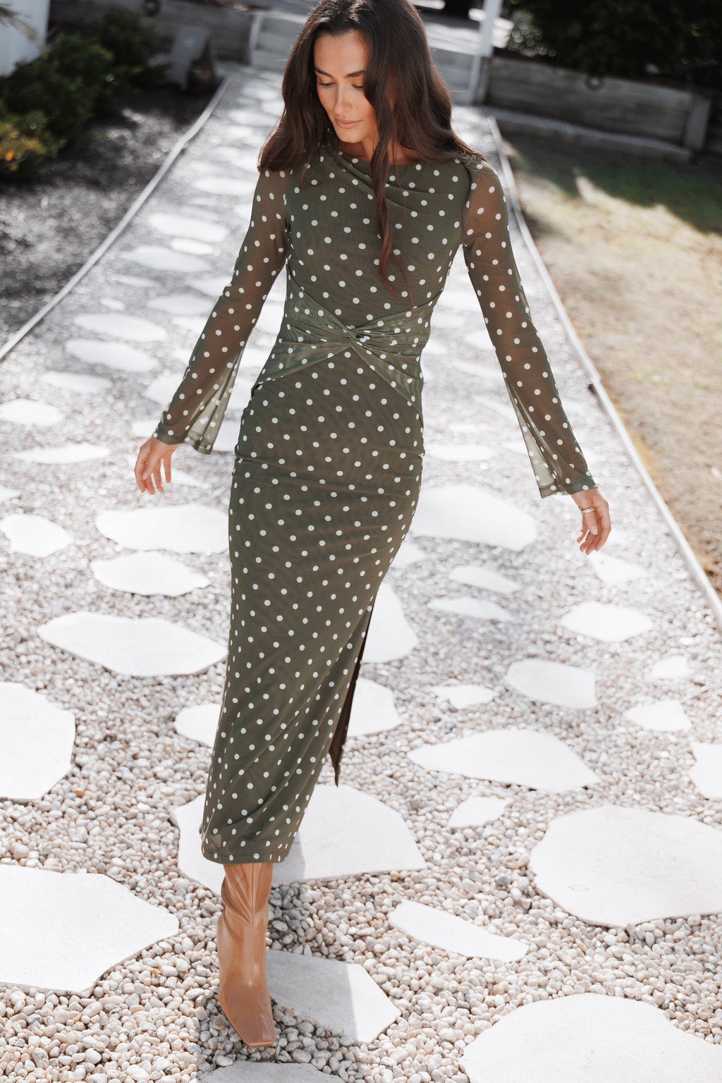DRESSES Nash Long Sleeve Dress - Olive Green Polka Dot