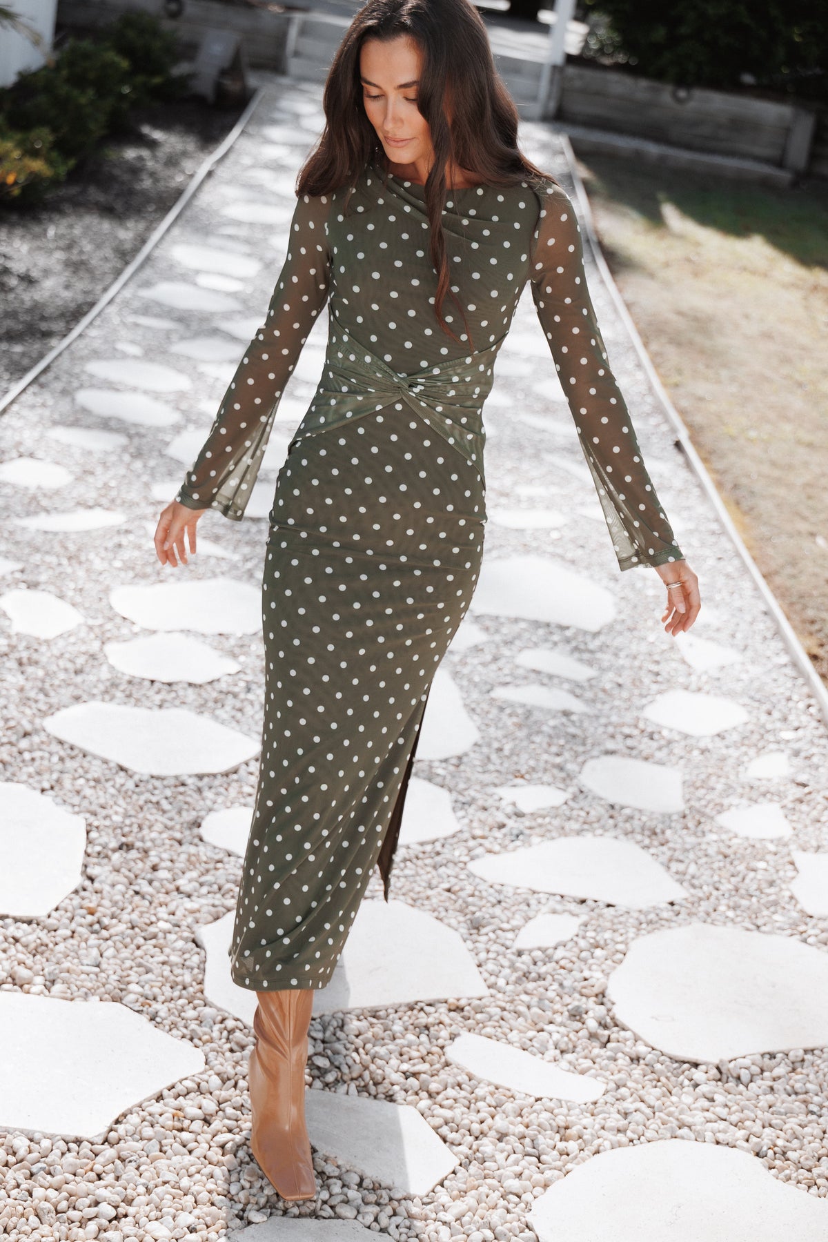 DRESSES Nash Long Sleeve Dress - Olive Green Polka Dot
