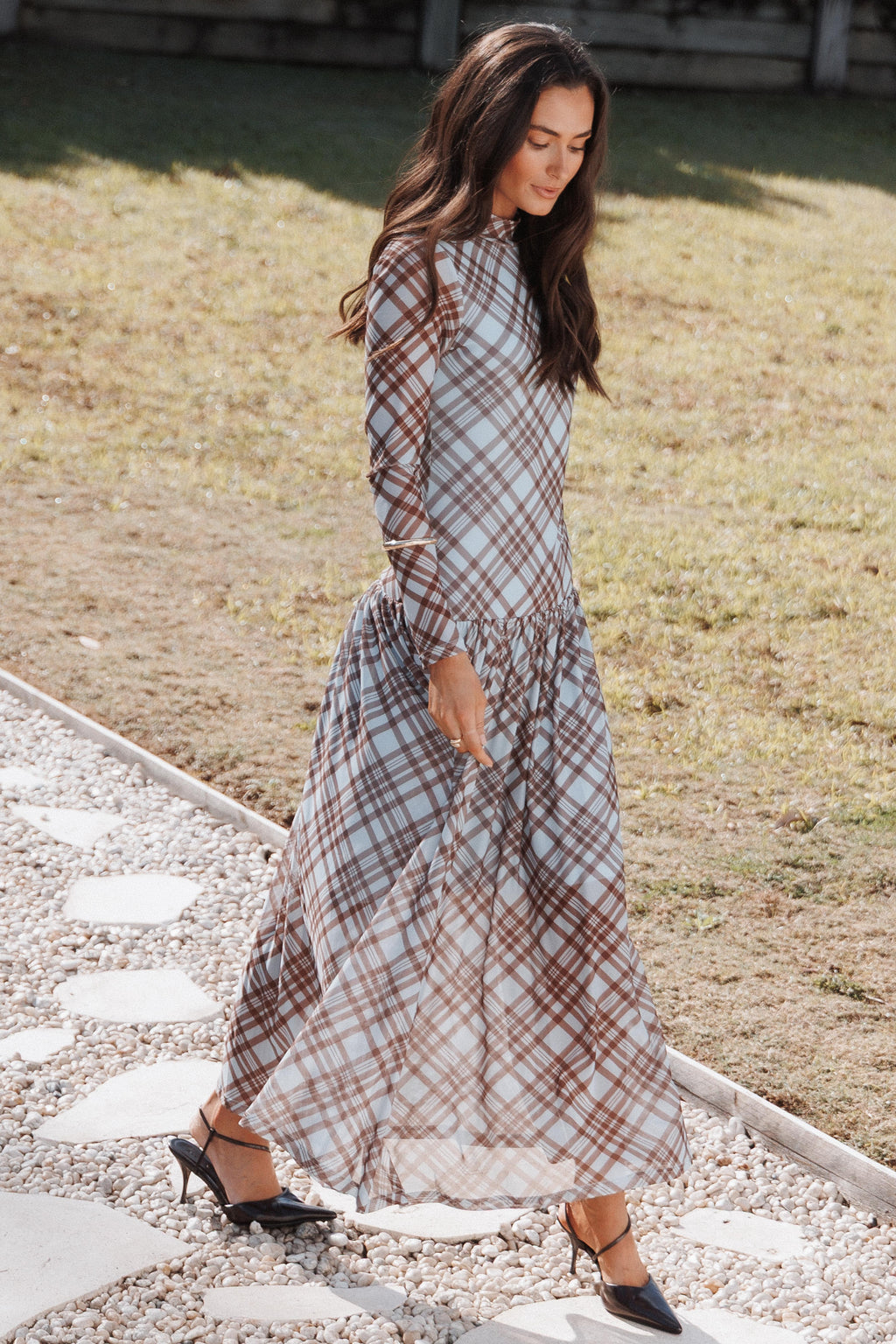 DRESSES Odilia Long Sleeve Mesh Maxi Dress - Blue Plaid