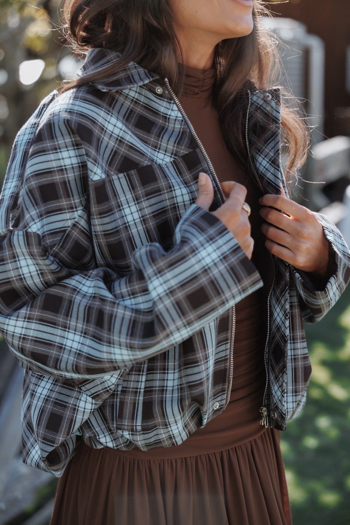 OUTERWEAR Bindy Bomber - Choc/Blue Plaid