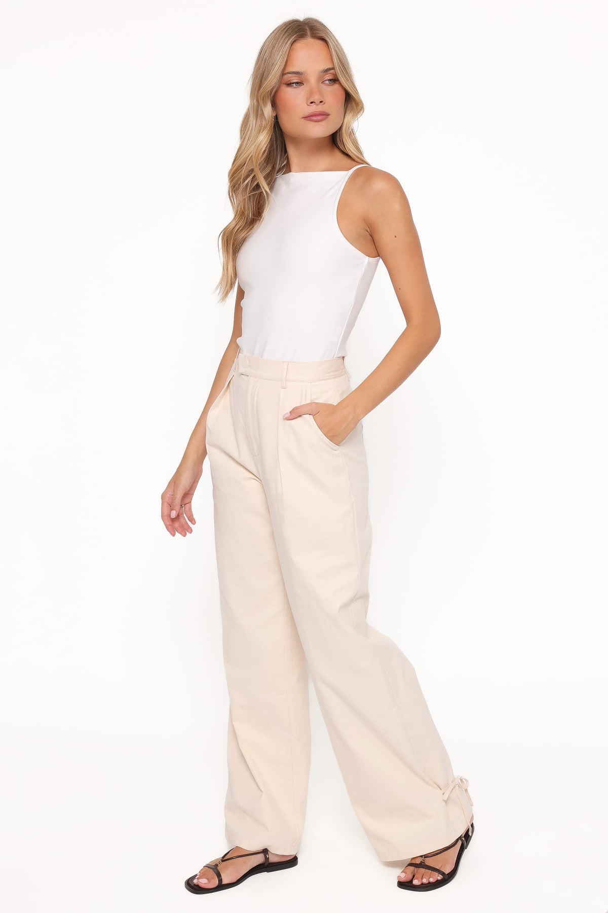Petal and Pup USA BOTTOMS Asher Tie Detail Tapered Leg Pants - Cream