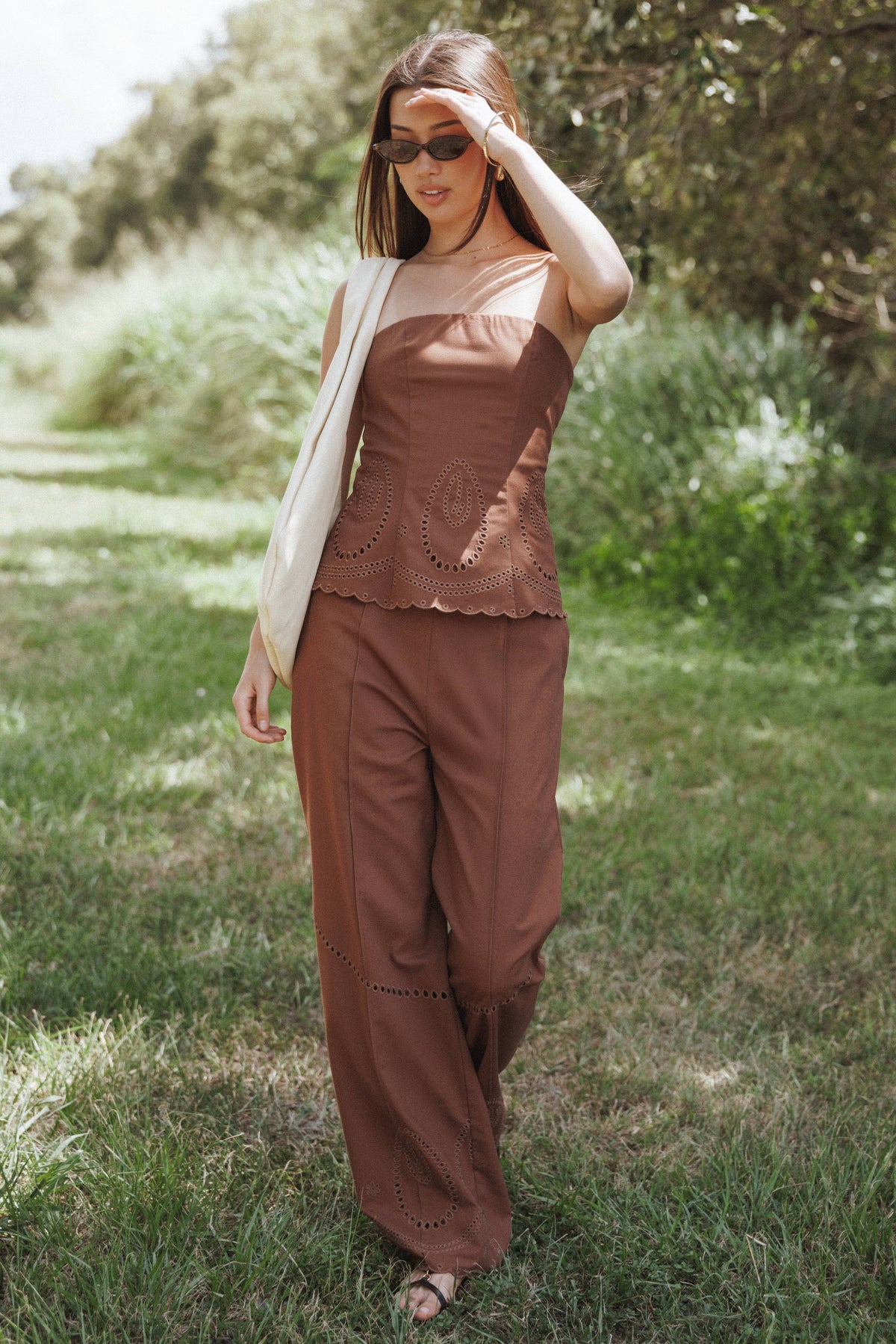 Petal and Pup USA BOTTOMS Dalia Eyelet Pant - Brown