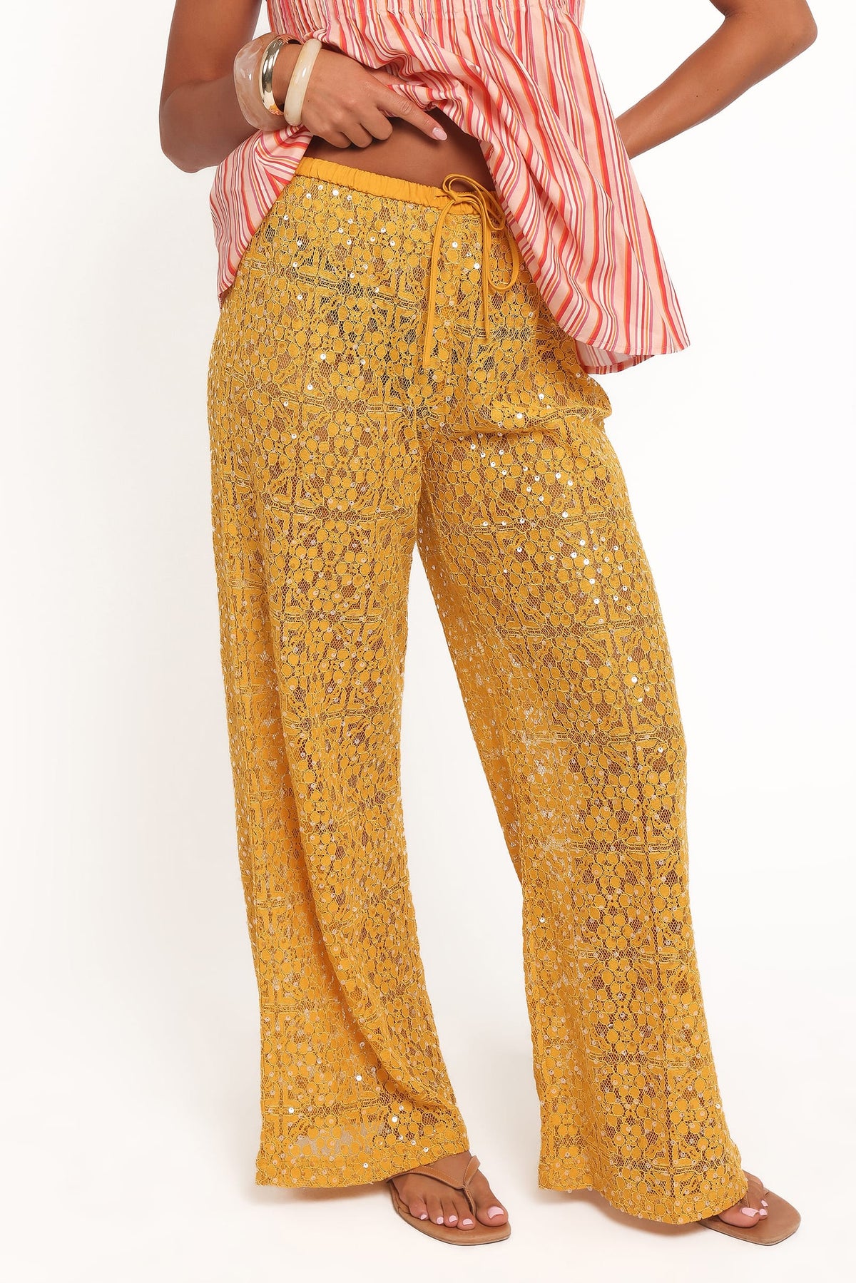 Petal and Pup USA BOTTOMS Jacinta Sequin Lace Pant - Mango