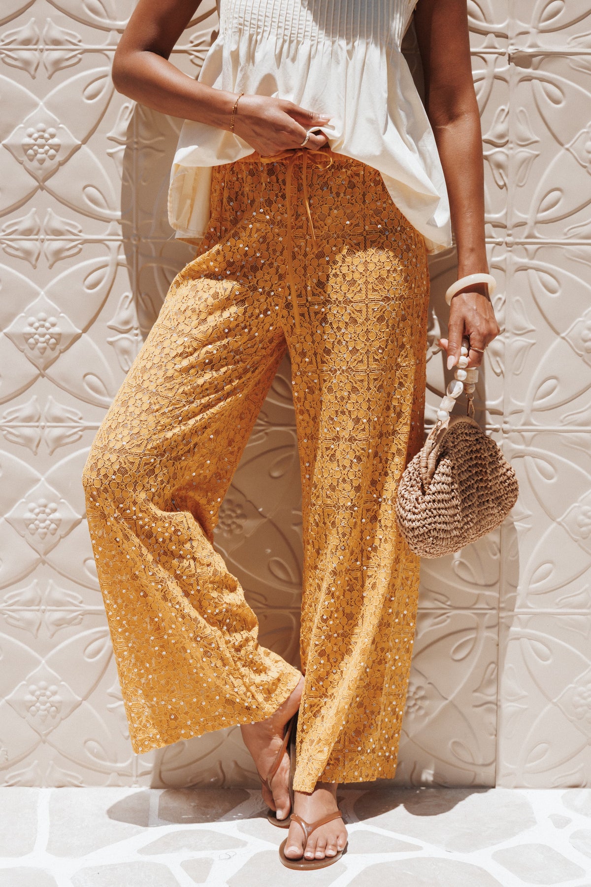 Petal and Pup USA BOTTOMS Jacinta Sequin Lace Pant - Mango
