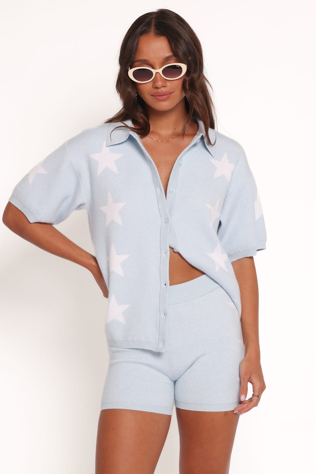 Petal and Pup USA BOTTOMS Lela Knitted Shorts - Light Blue Stars (Hold for Amazon)