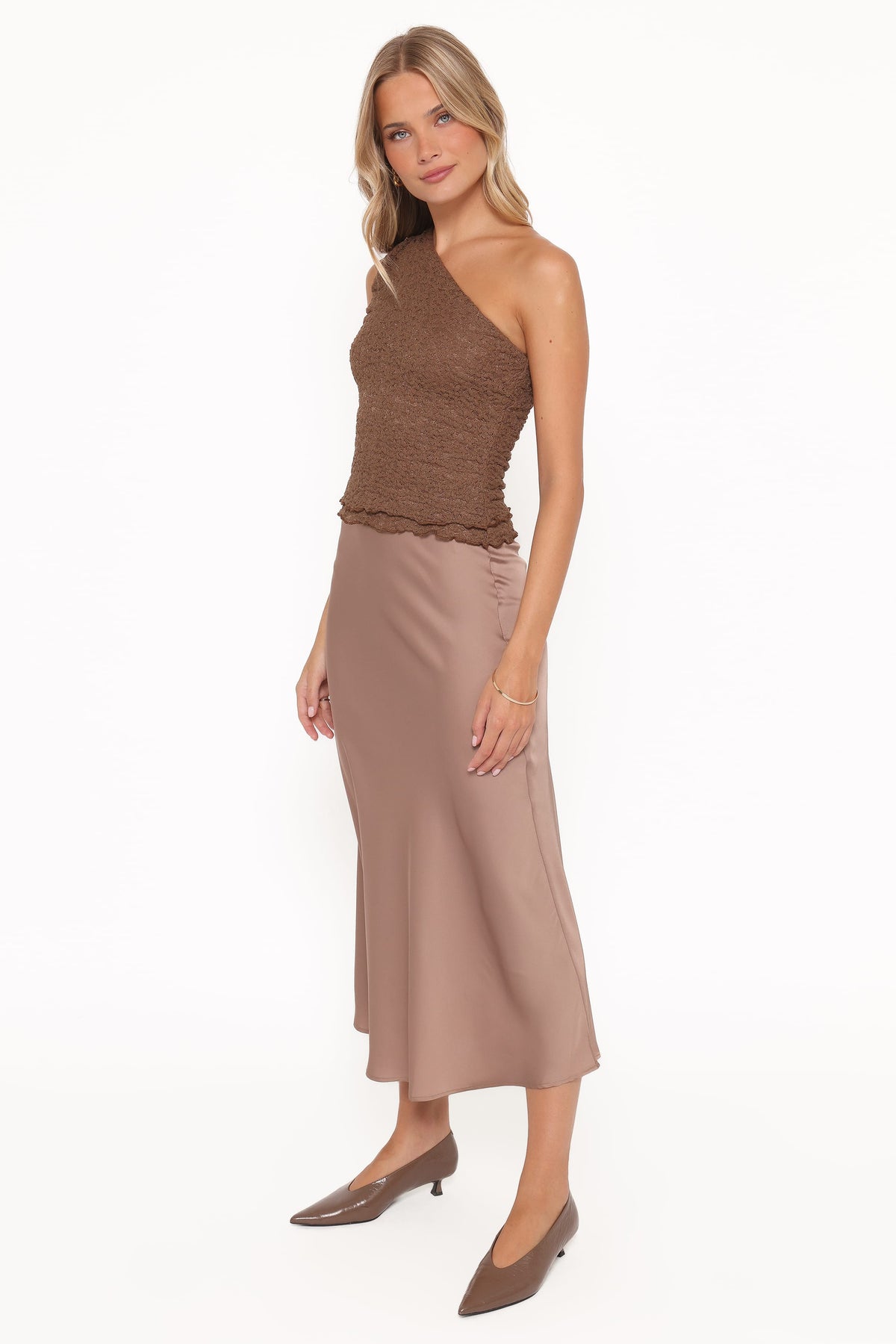 Petal and Pup USA BOTTOMS Nellie Satin Midi Skirt - Mocha Brown