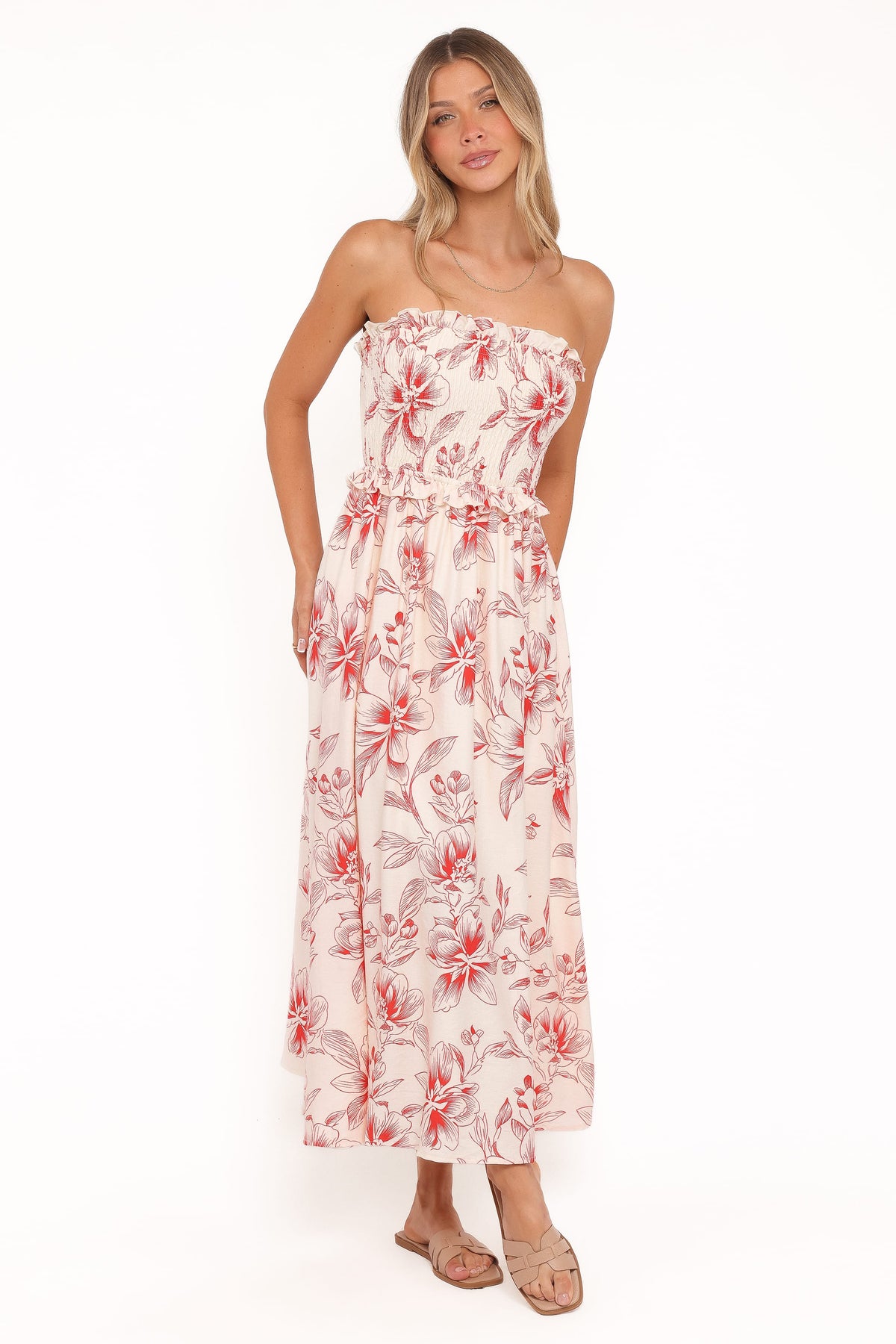 Petal and Pup USA DRESSES Avania Strapless Midi Dress - Red Floral