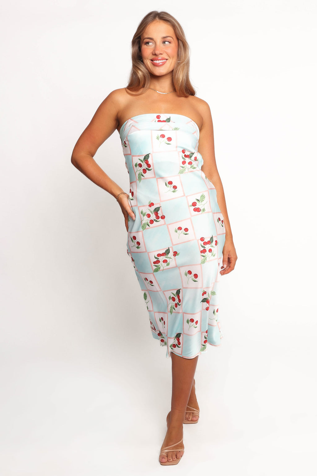 Petal and Pup USA DRESSES Benton Strapless Midi Dress - Cherry Print (Hold for Amazon)
