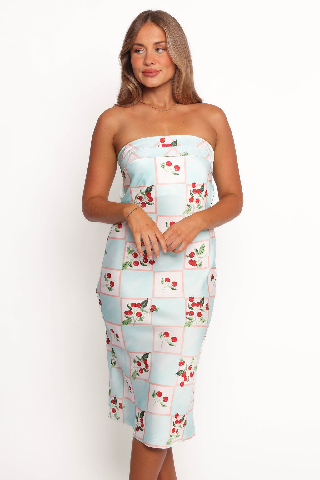 Petal and Pup USA DRESSES Benton Strapless Midi Dress - Cherry Print (Hold for Amazon)