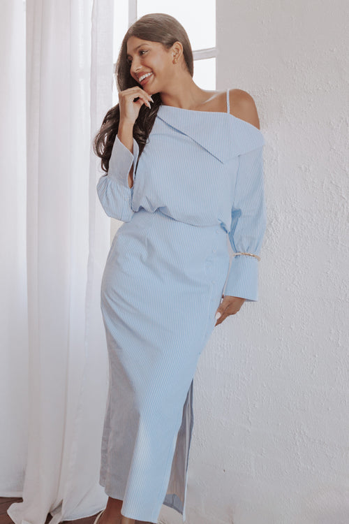Petal and Pup USA DRESSES Broderick Midi Dress - Blue Stripe