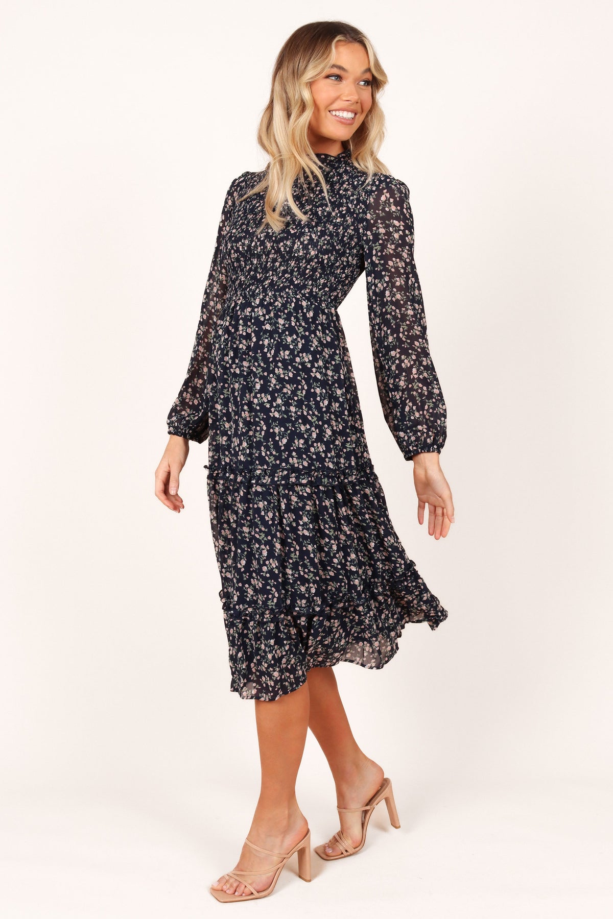 Petal and Pup USA DRESSES Edwina Shirred Frill Long Sleeve Midi Dress - Navy Floral