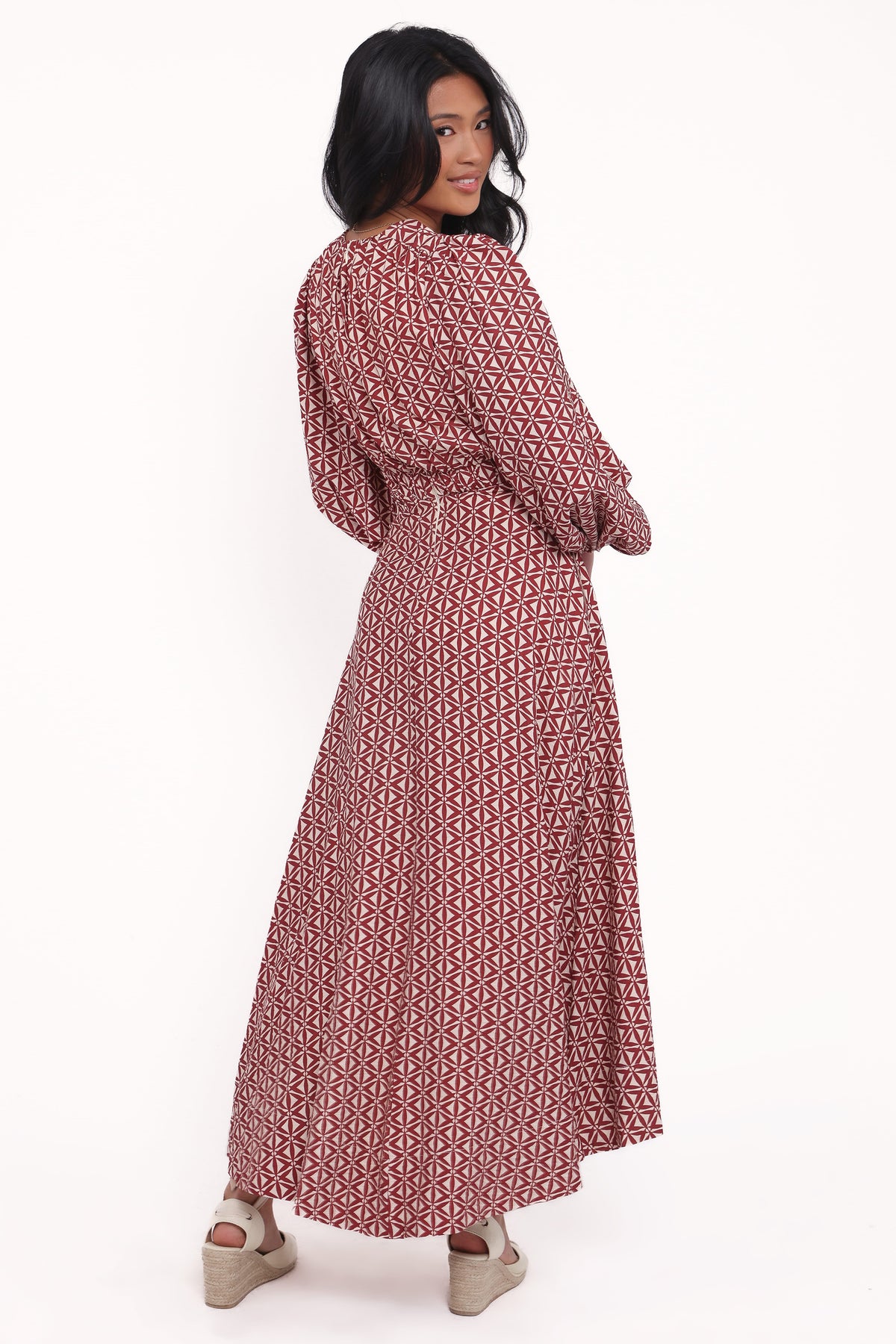Petal and Pup USA DRESSES Ginnee Puff Sleeve Cutout Midi Dress - Brown Geo