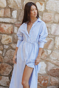 Petal and Pup USA DRESSES Harlan Long Sleeve Midi Dress - Blue Pink Stripe