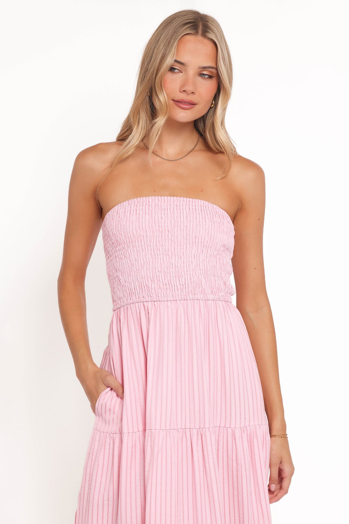 Petal and Pup USA DRESSES Maisie Strapless Midi Dress - Pink Stripe