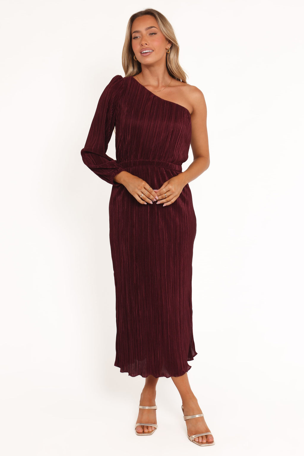 Petal and Pup USA DRESSES Pontee One Shoulder Pleated Midi Dress - Burgundy