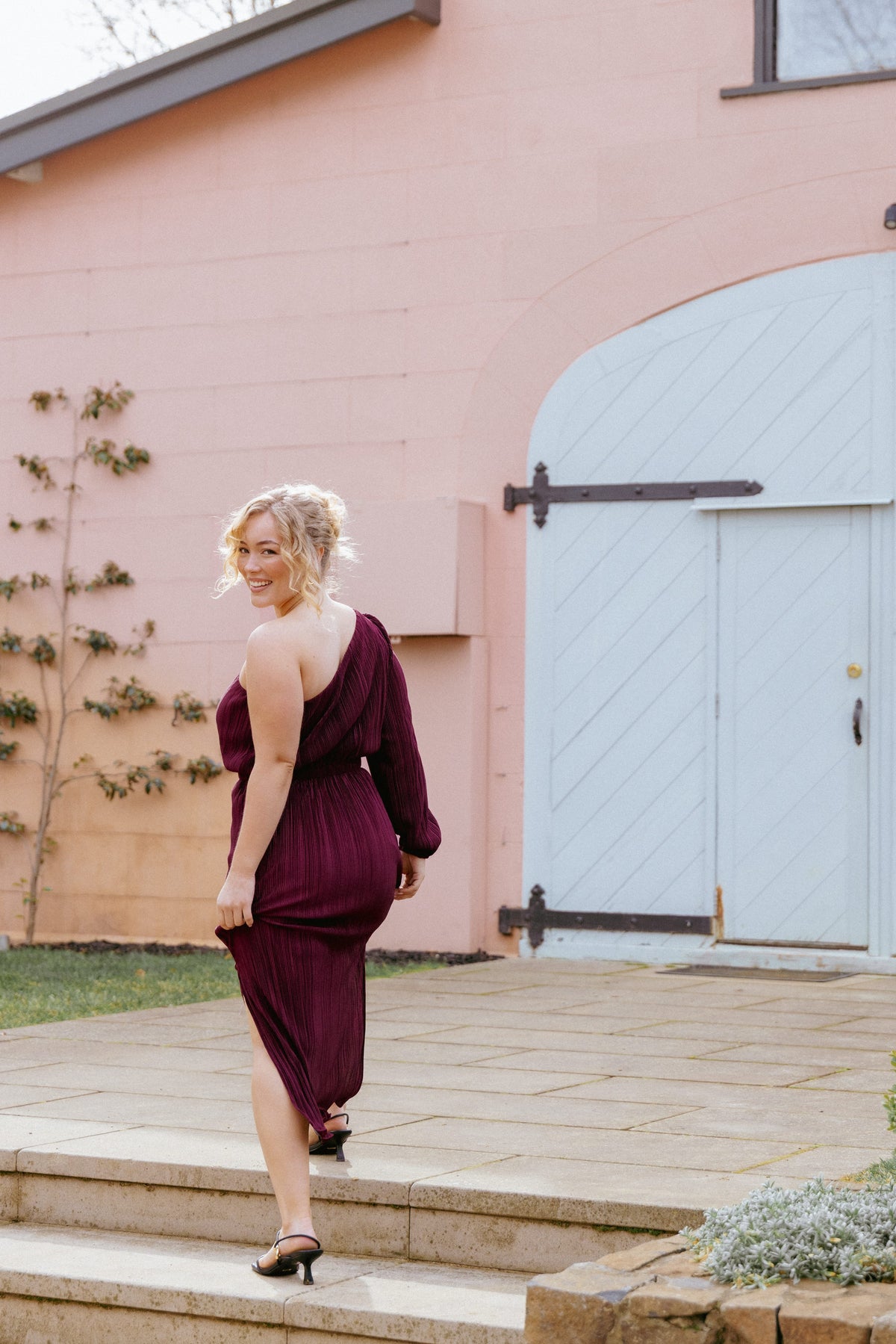 Petal and Pup USA DRESSES Pontee One Shoulder Pleated Midi Dress - Burgundy