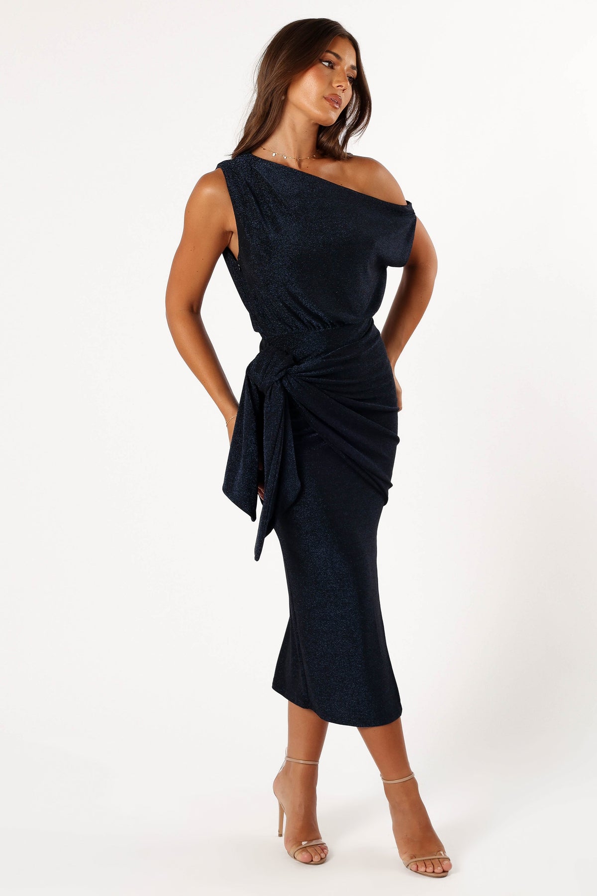 Petal and Pup USA DRESSES Santiago Off Shoulder Midi Dress - Navy