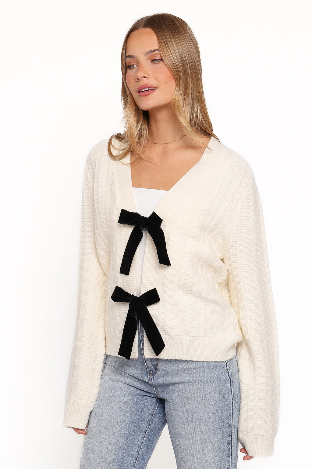 Petal and Pup USA KNITWEAR Bree Velvet Bow Cardigan - Cream