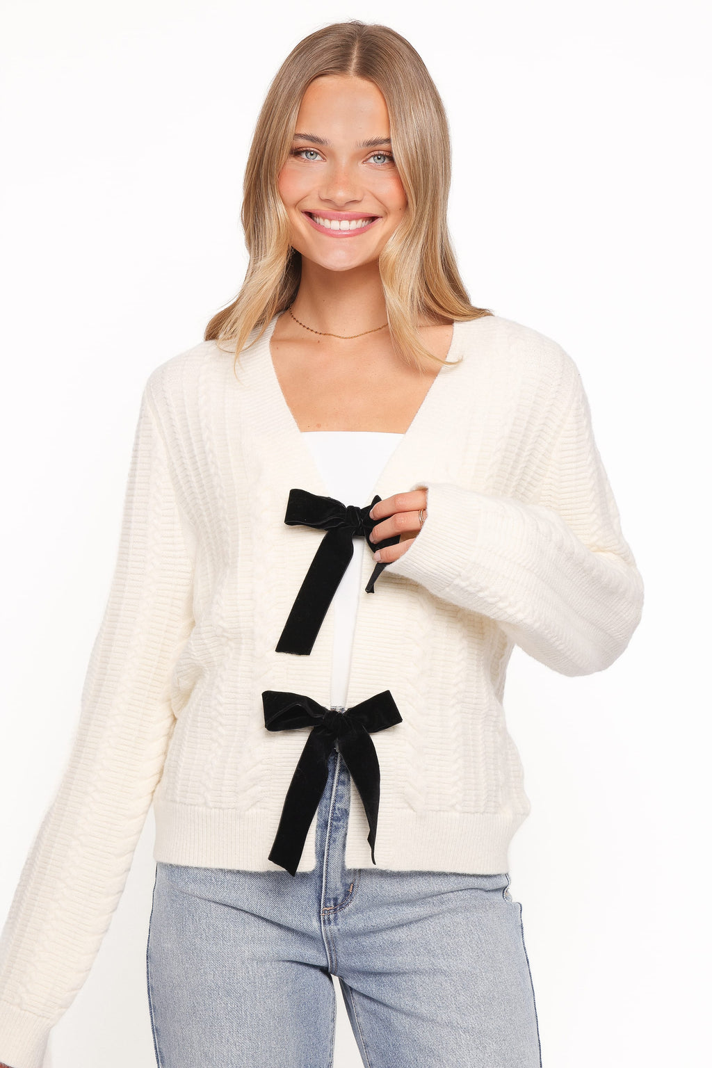 Petal and Pup USA KNITWEAR Bree Velvet Bow Cardigan - Cream