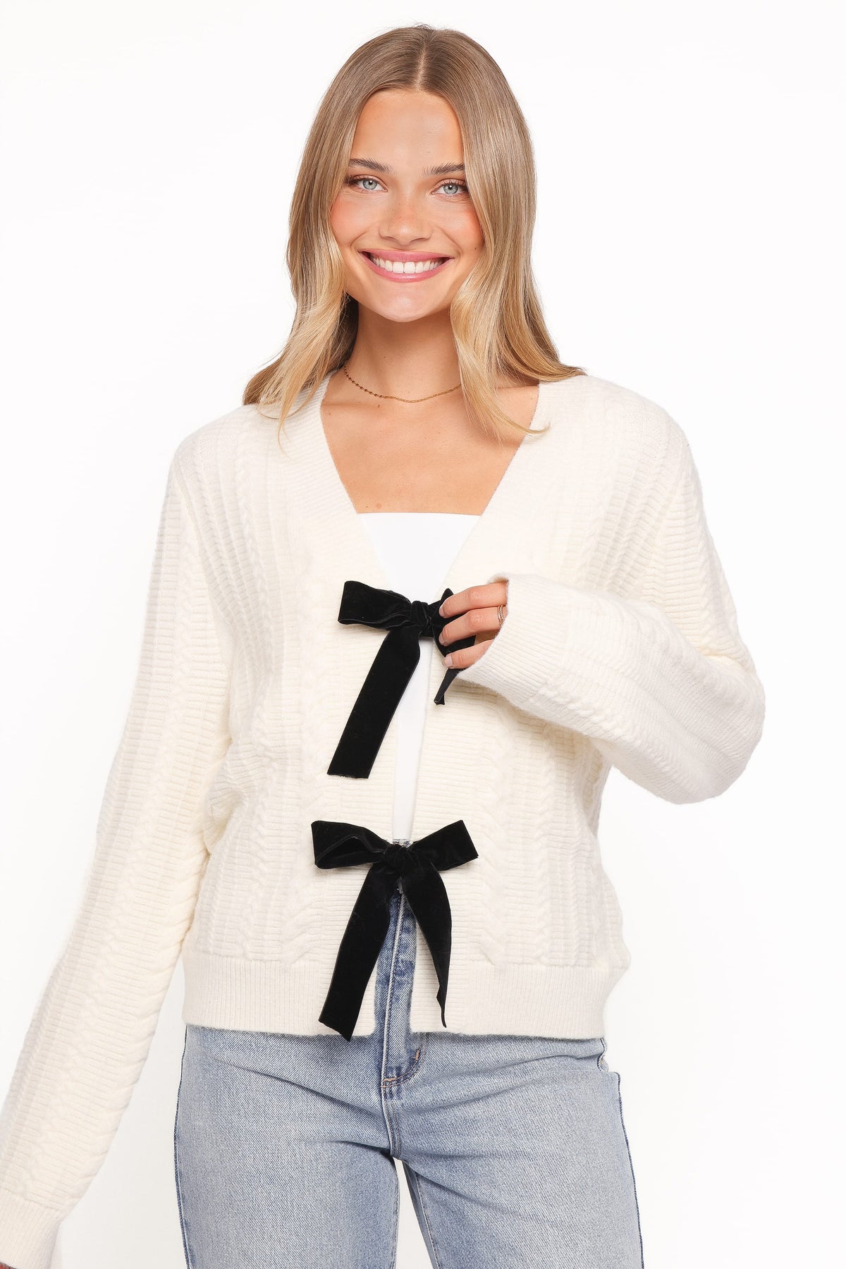 Petal and Pup USA KNITWEAR Bree Velvet Bow Cardigan - Cream