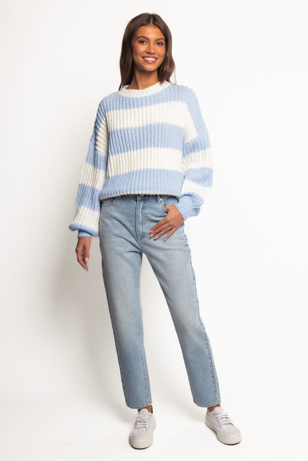Petal and Pup USA KNITWEAR Courtney Thick Stripe Knit Sweater - Blue Cream