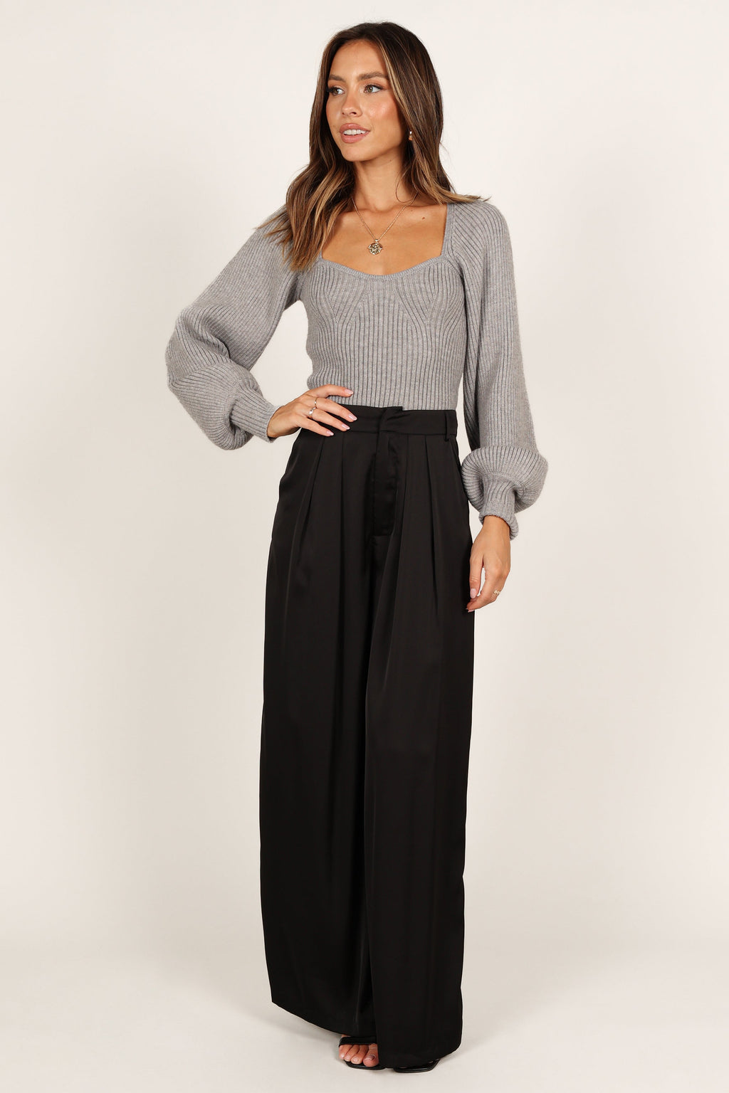 Petal and Pup USA KNITWEAR Gia Sweetheart Neck Bell Sleeve Knit Sweater - Light Grey
