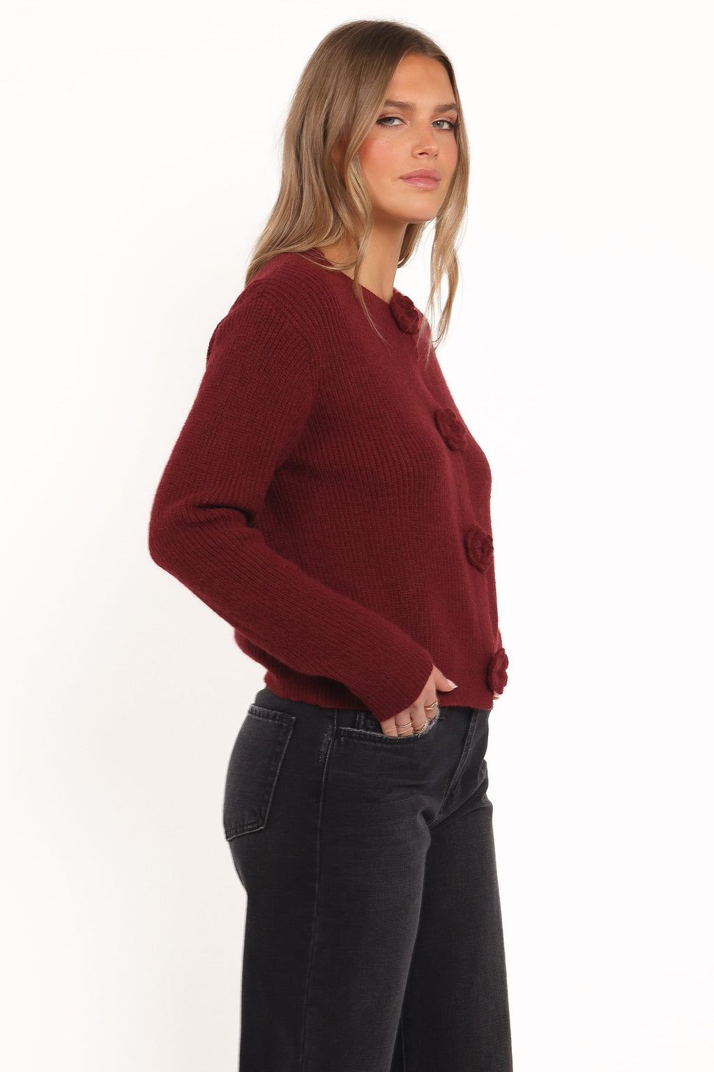 Petal and Pup USA KNITWEAR Jones Rosette Cardigan - Burgundy
