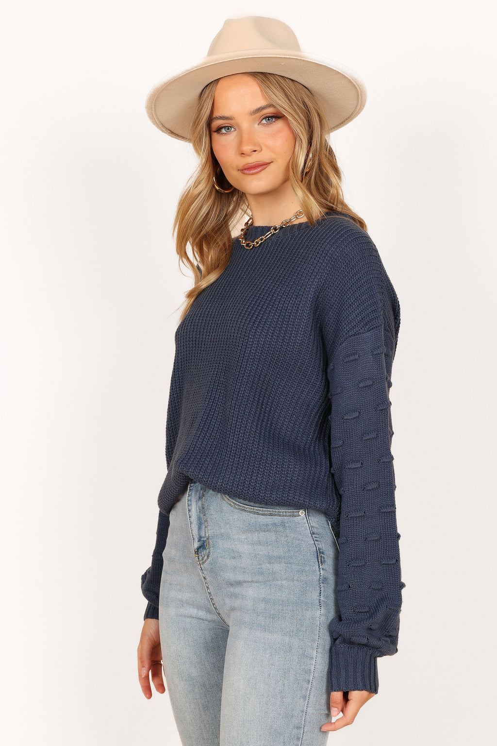Petal and Pup USA KNITWEAR Katrina Textured Sleeve Crewneck Knit Sweater - Midnight Blue