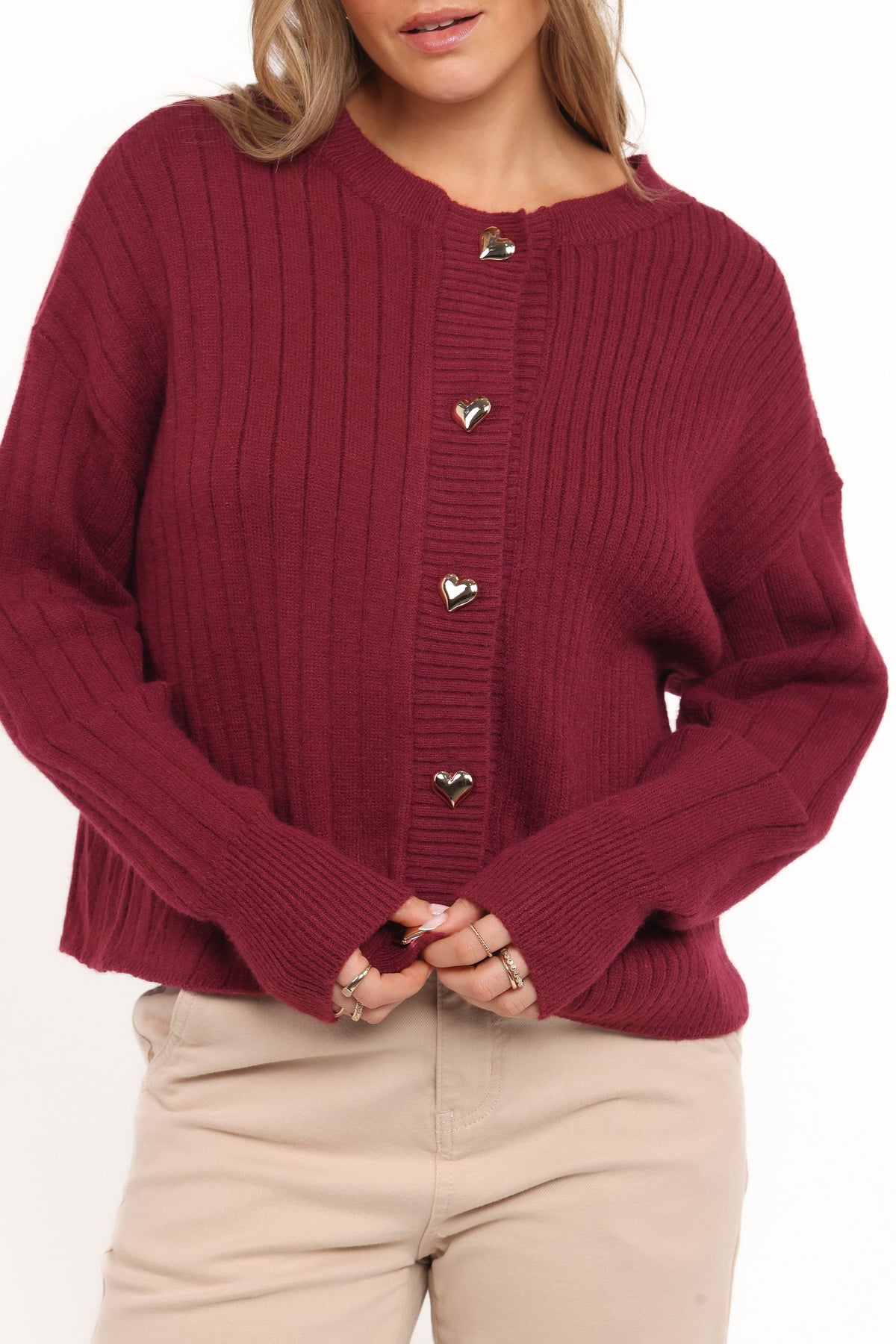 Petal and Pup USA KNITWEAR Loulani Heart Button Cardigan - Cherry