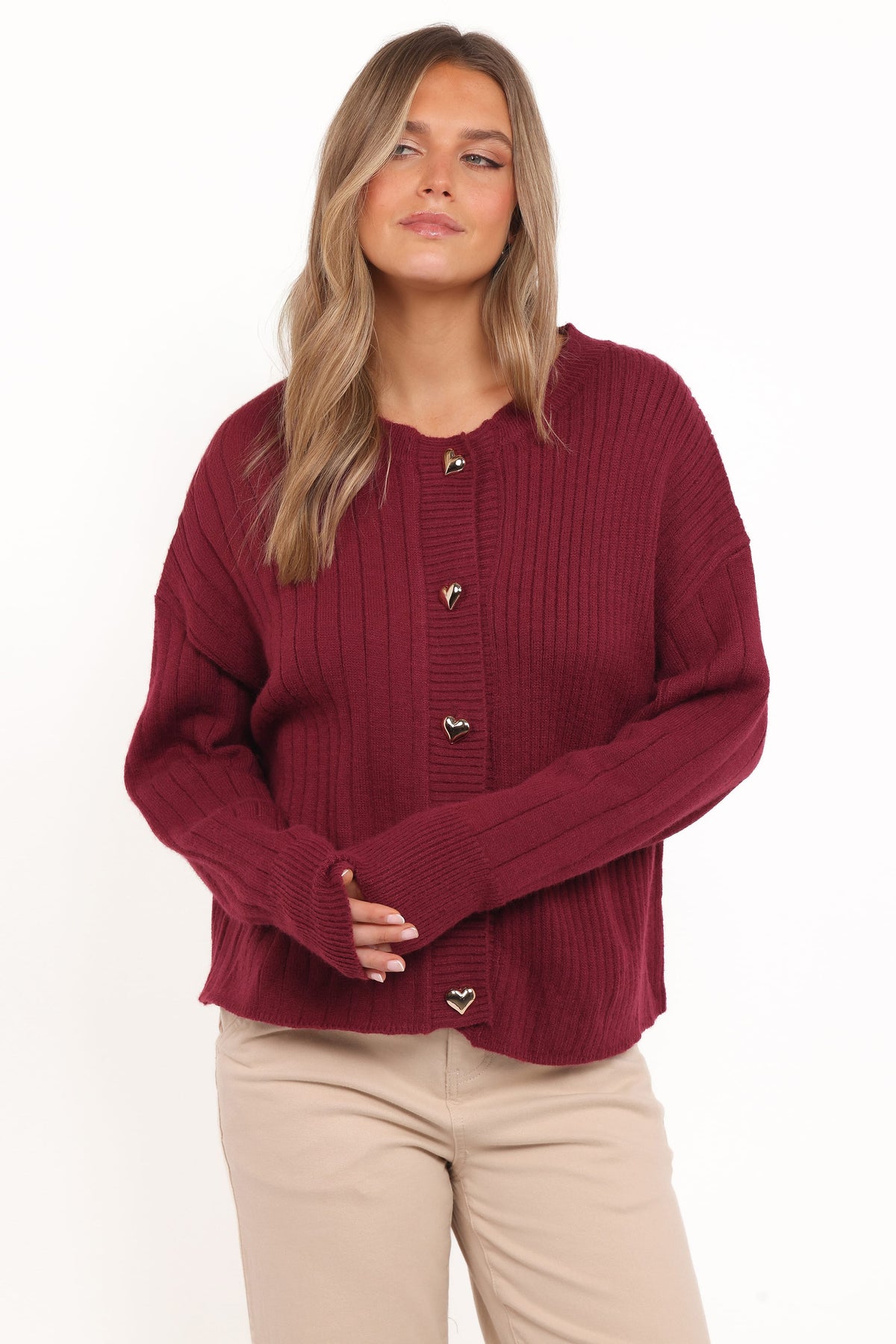 Petal and Pup USA KNITWEAR Loulani Heart Button Cardigan - Cherry