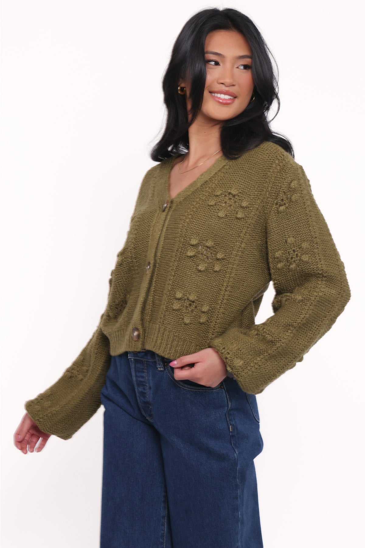 Petal and Pup USA KNITWEAR Melody Textured Button Up Cardigan - Olive