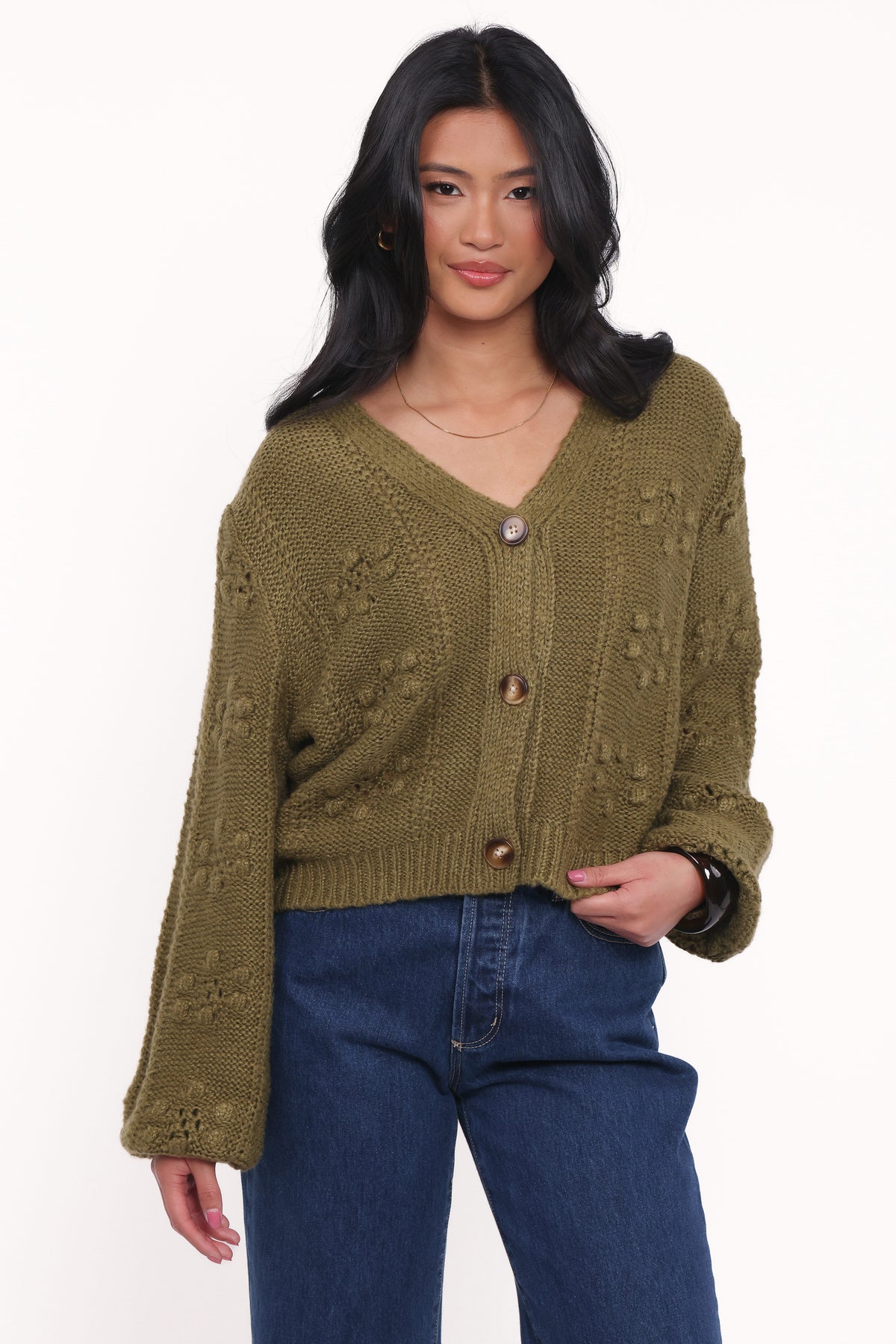 Petal and Pup USA KNITWEAR Melody Textured Button Up Cardigan - Olive