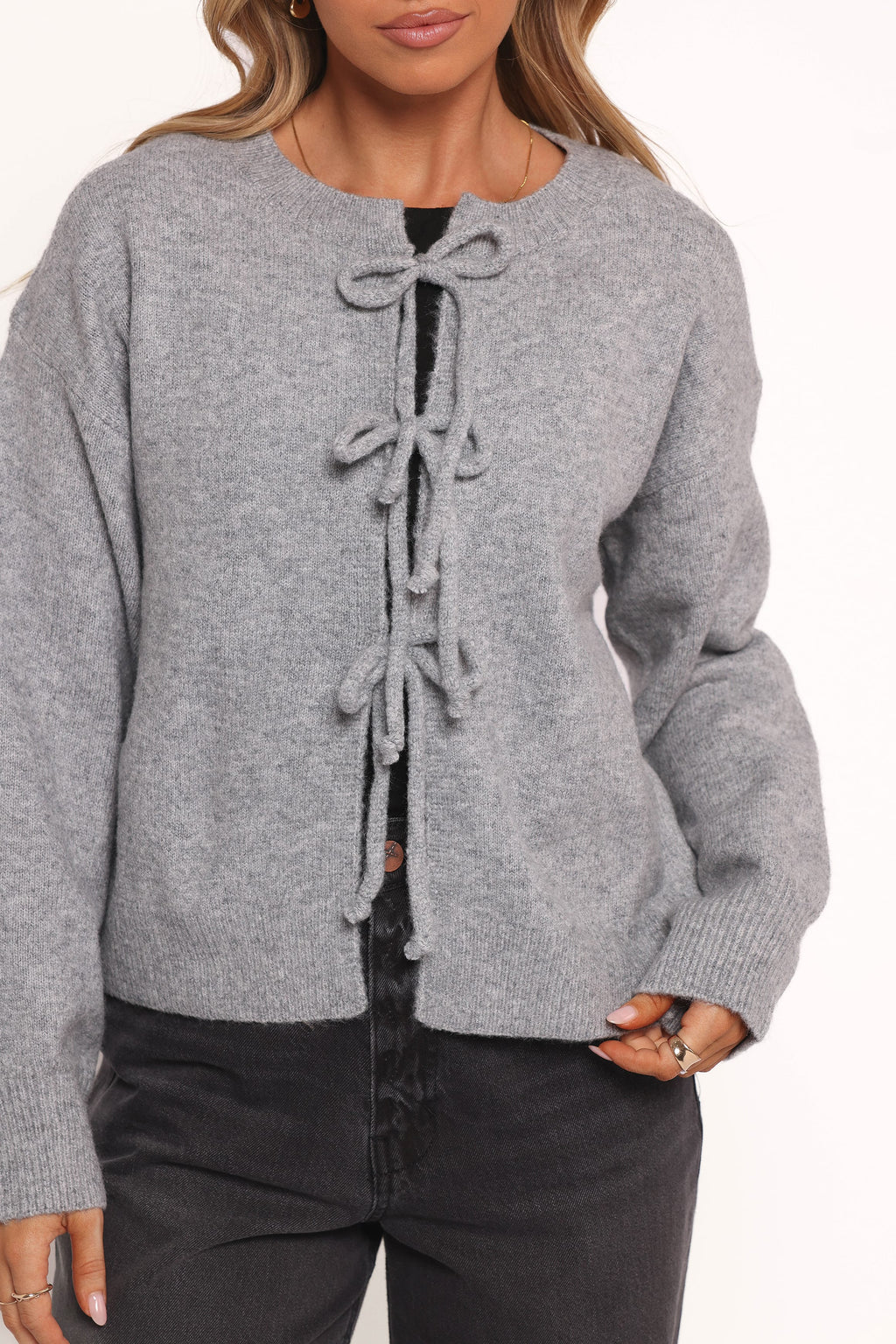 Petal and Pup USA KNITWEAR Neri Bow Tie Front Cardigan - Grey