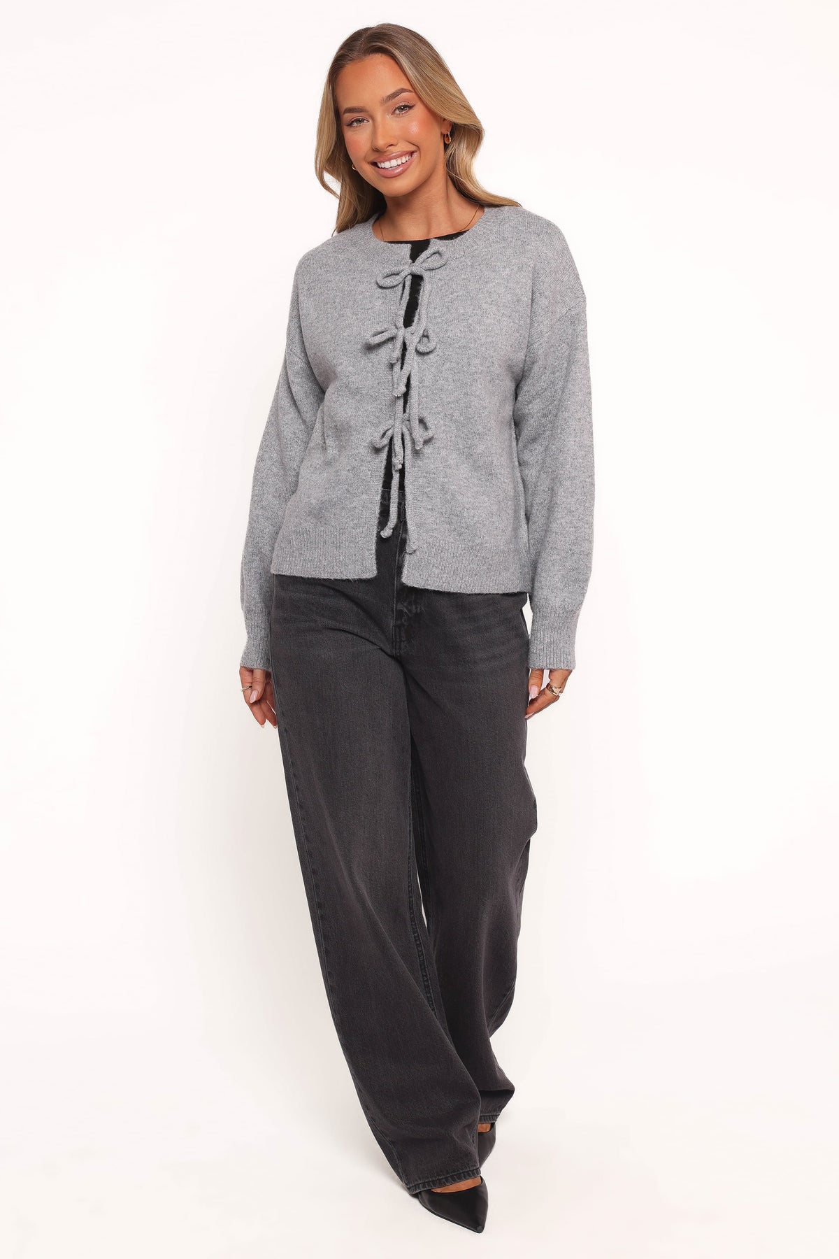 Petal and Pup USA KNITWEAR Neri Bow Tie Front Cardigan - Grey