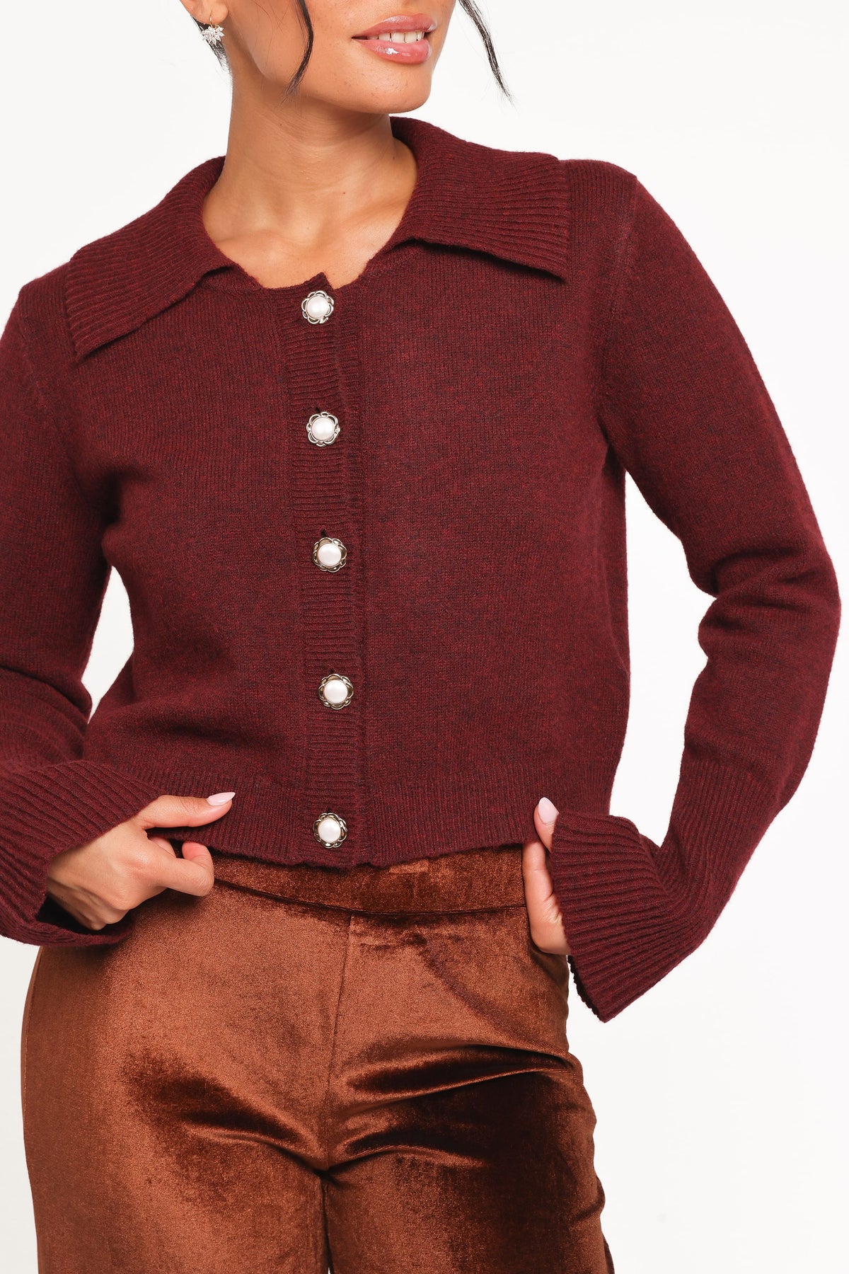 Petal and Pup USA KNITWEAR Thelma Trumpet Sleeve Cardigan - Cabernet