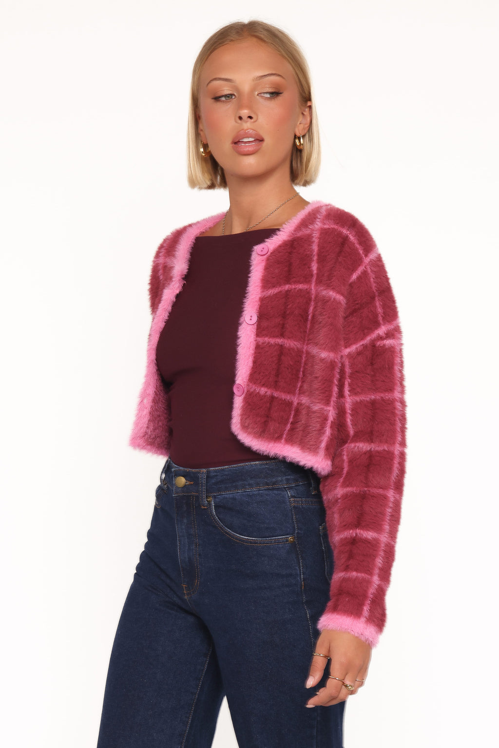 Petal and Pup USA KNITWEAR Viola Plaid Button Front Cardigan - Burgundy