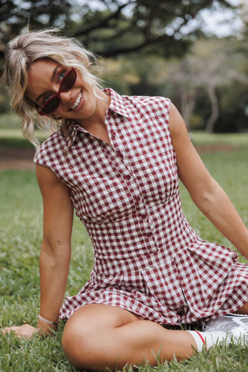Petal and Pup USA PLAYSUITS Helen Button Front Romper - Burgundy Gingham
