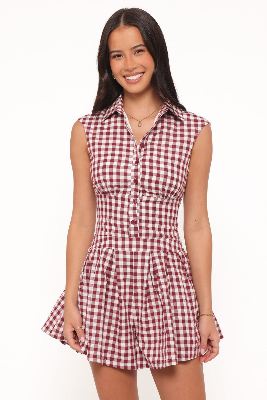 Petal and Pup USA PLAYSUITS Helen Button Front Romper - Burgundy Gingham