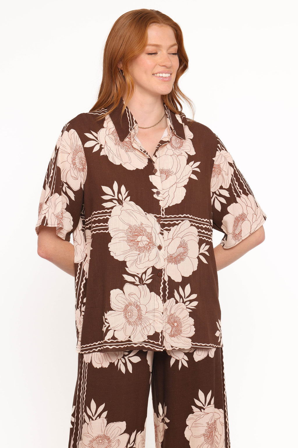 Petal and Pup USA TOPS Bernadine Short Sleeve Shirt - Brown Floral