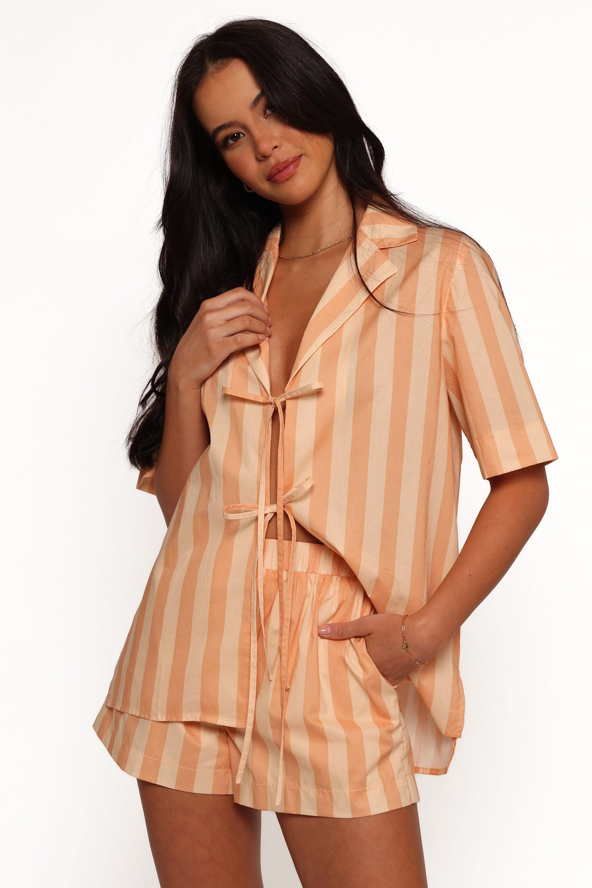 Petal and Pup USA TOPS Essie Tie Front Shirt - Terracotta Stripe (Hold for Amazon)