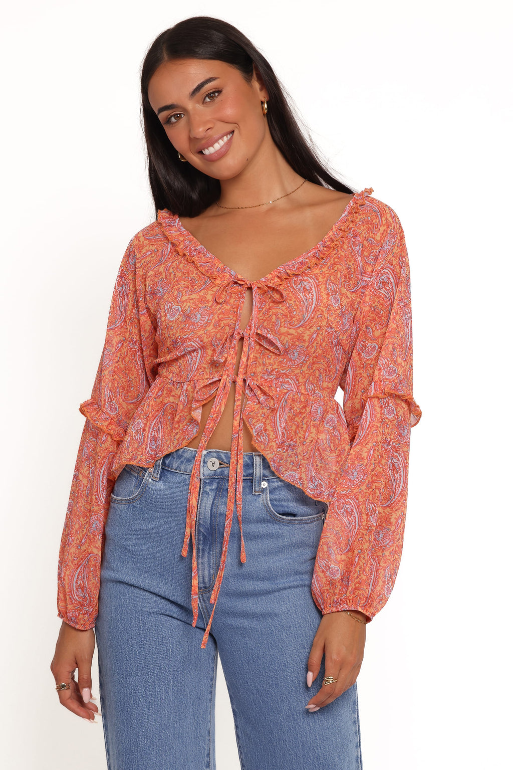 Petal and Pup USA TOPS Isolt Tie Front Top - Orange Paisley