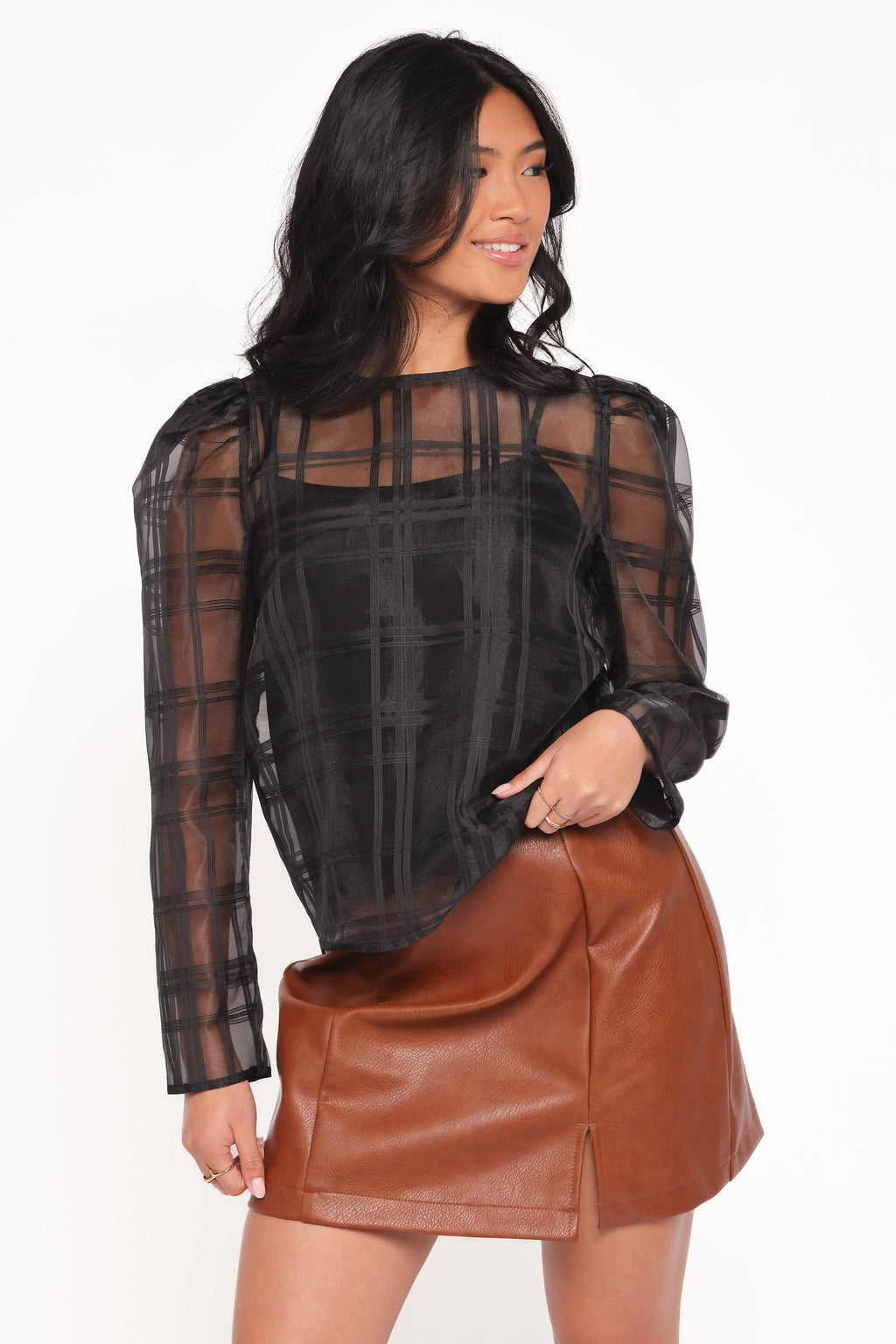 Petal and Pup USA TOPS Peony Long Sleeve Sheer Top with Cami - Black