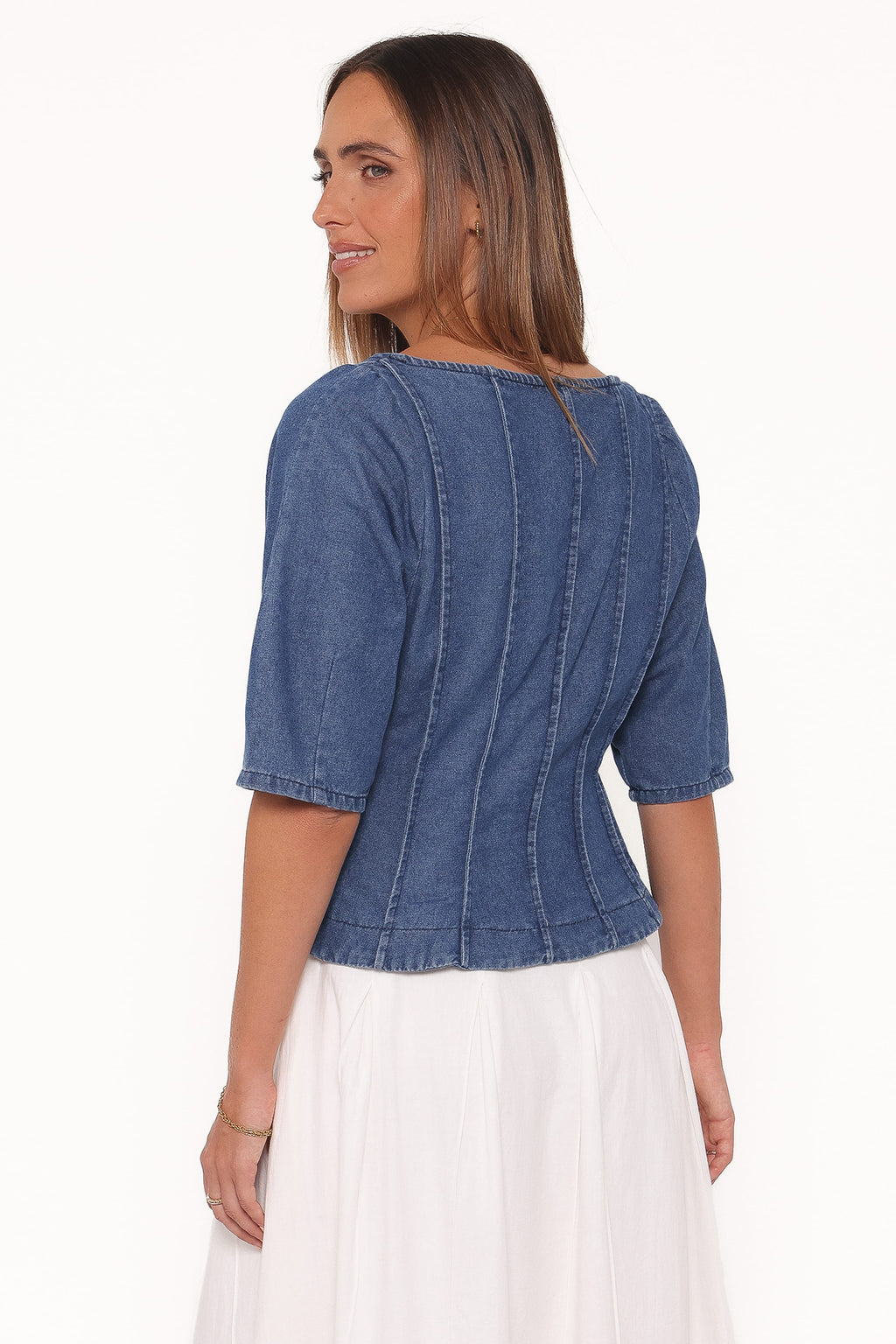 Petal and Pup USA TOPS Saylor Denim Peplum Top - Blue Medium Wash