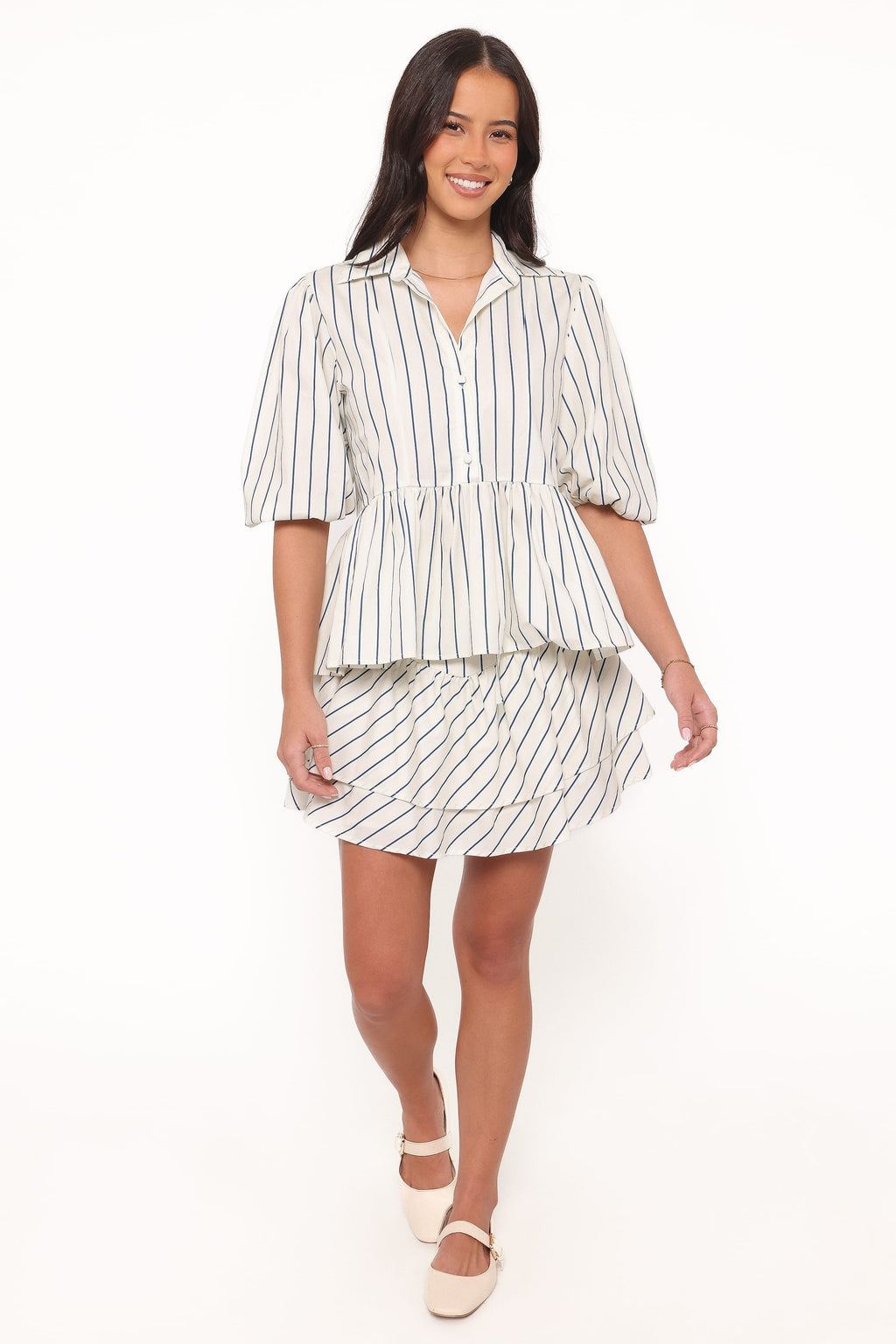 Petal and Pup USA TOPS Thomas Short Sleeve Peplum Top - Yellow/Blue Stripe