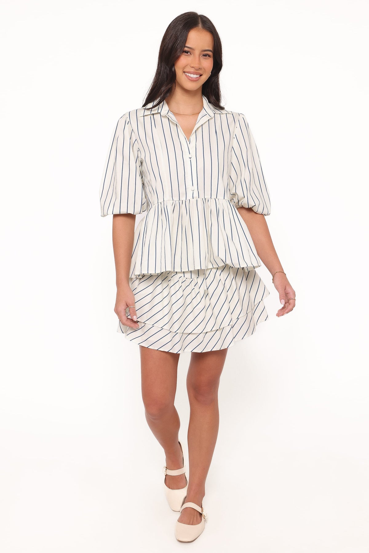 Petal and Pup USA TOPS Thomas Short Sleeve Peplum Top - Yellow/Blue Stripe