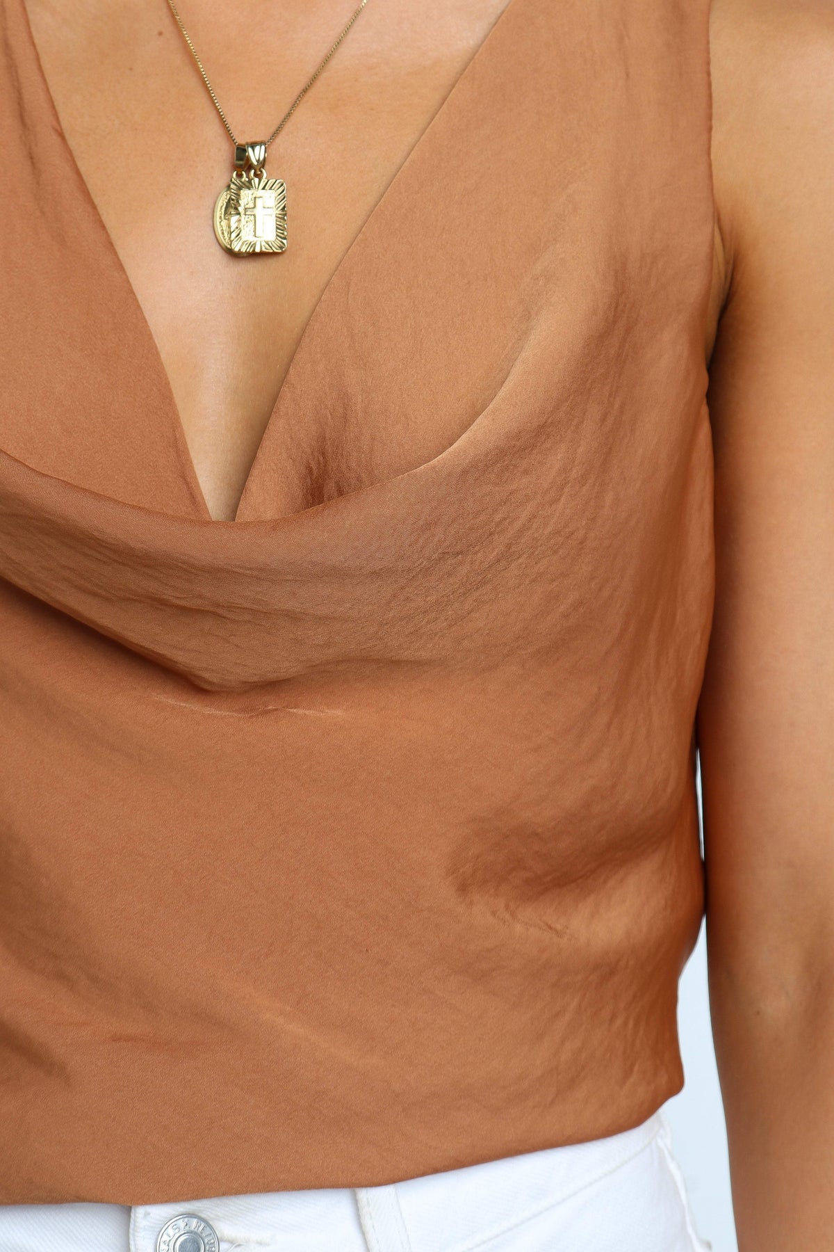 Sleeveless Cowl Neck V-Back Sheen Top